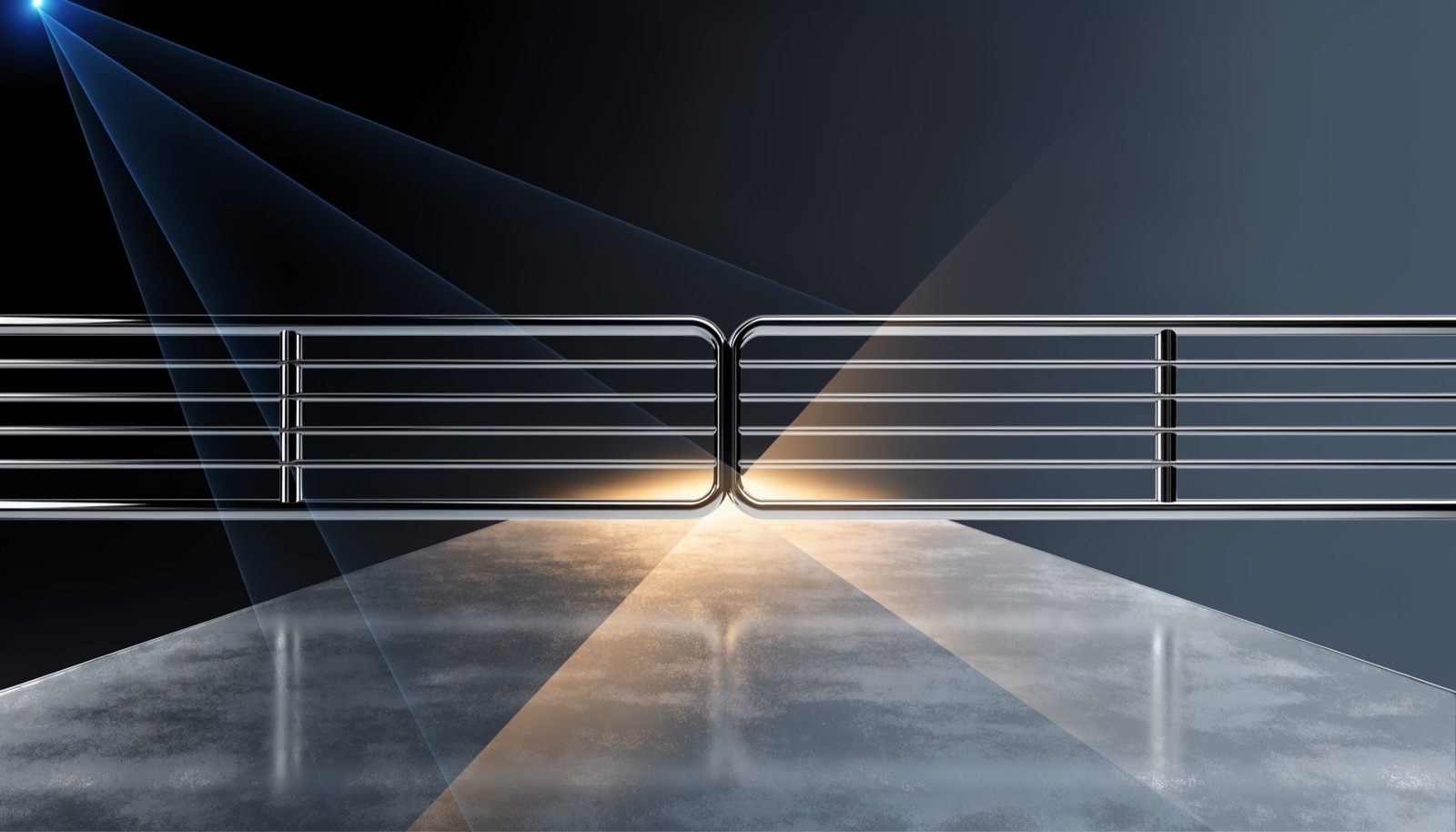 Editorial illustration: a chrome barrier gate lowered across a polished walkway, with warm golden light streaming through an open gap beneath its lower edge