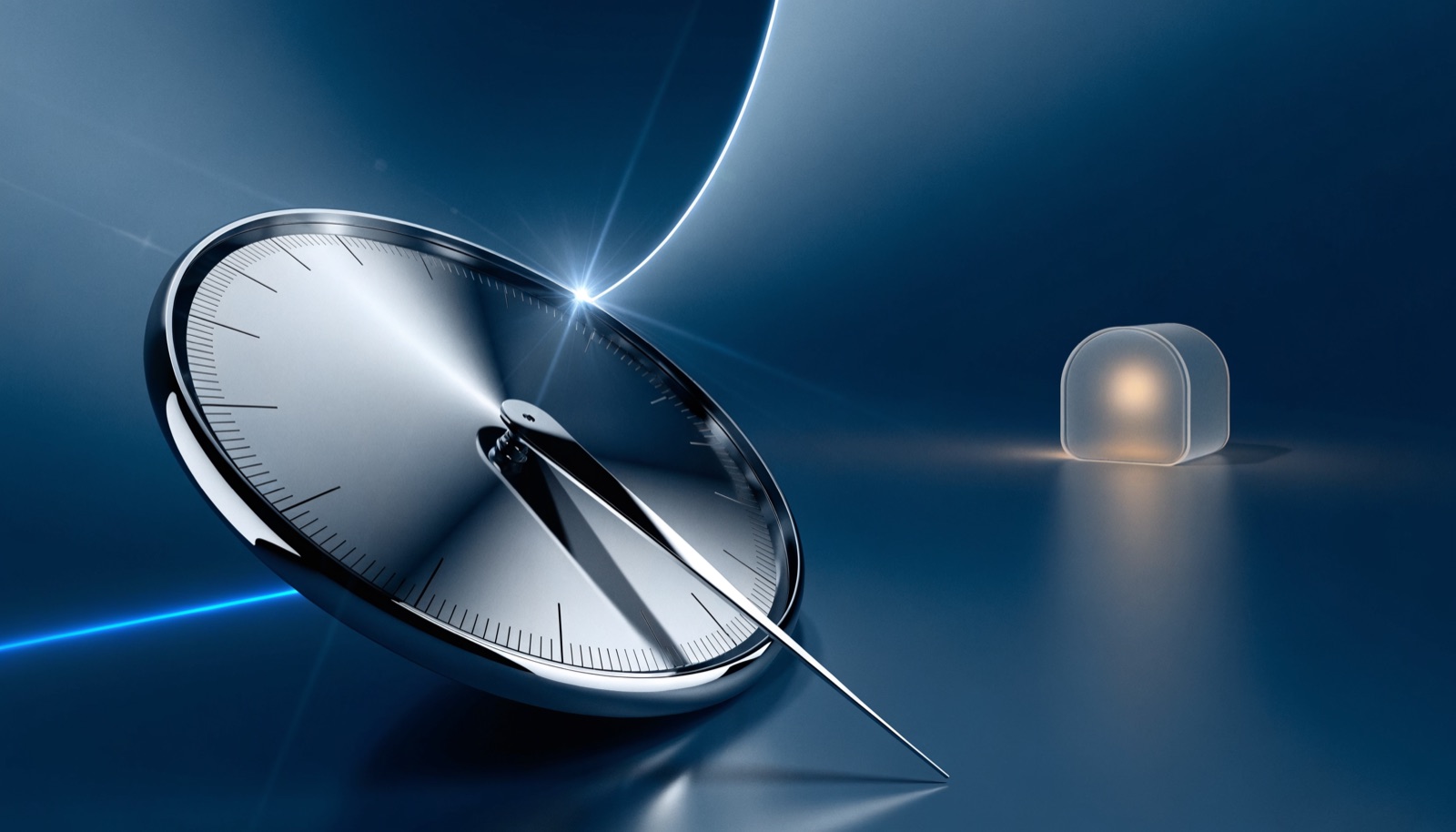 Editorial illustration: a chrome dial whose single hand has swung past the end of its engraved scale and wrapped around to the far side, with a small frosted-glass vault sitting closed far behind it