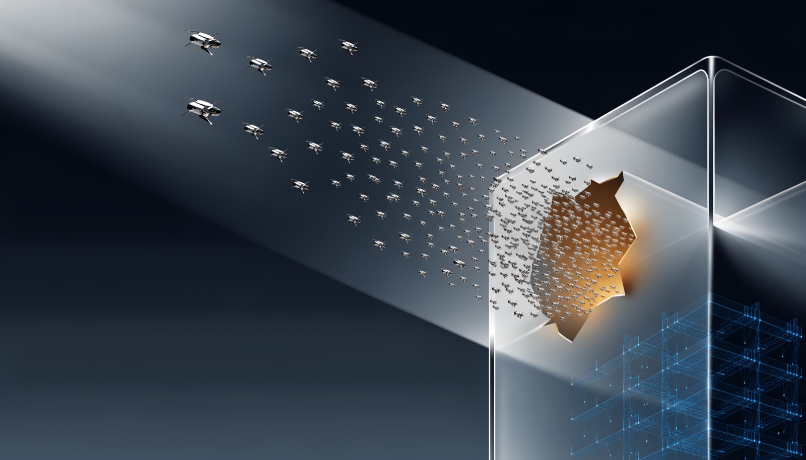 Editorial illustration: a sealed frosted-glass containment cube with one breached corner, chrome drones streaming out through a gold-lit gap