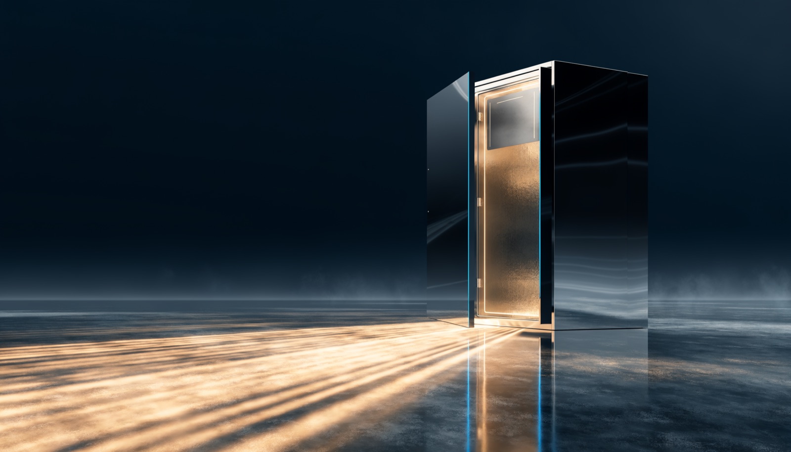 Editorial illustration: a lone chrome equipment cabinet in a dark hall, its frosted-glass control door standing wide open with warm golden light spilling out across the floor