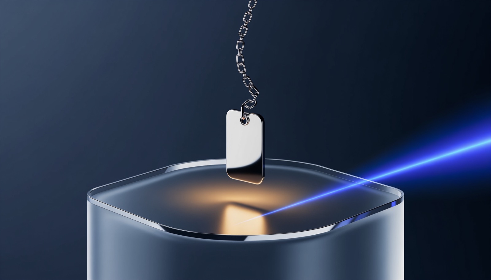 Editorial illustration: a chrome evidence tag hanging over an empty frosted-glass pedestal lit by warm gold light