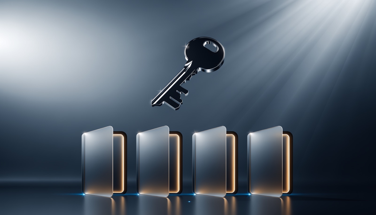 Editorial illustration: a single chrome key suspended above four frosted glass vault doors standing open, warm light spilling from each