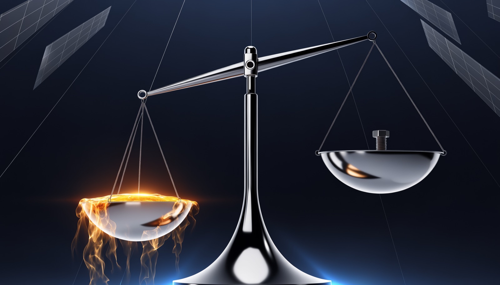 Editorial illustration: a chrome balance scale tipped hard, one pan overflowing with golden light, the other holding a single small steel bolt