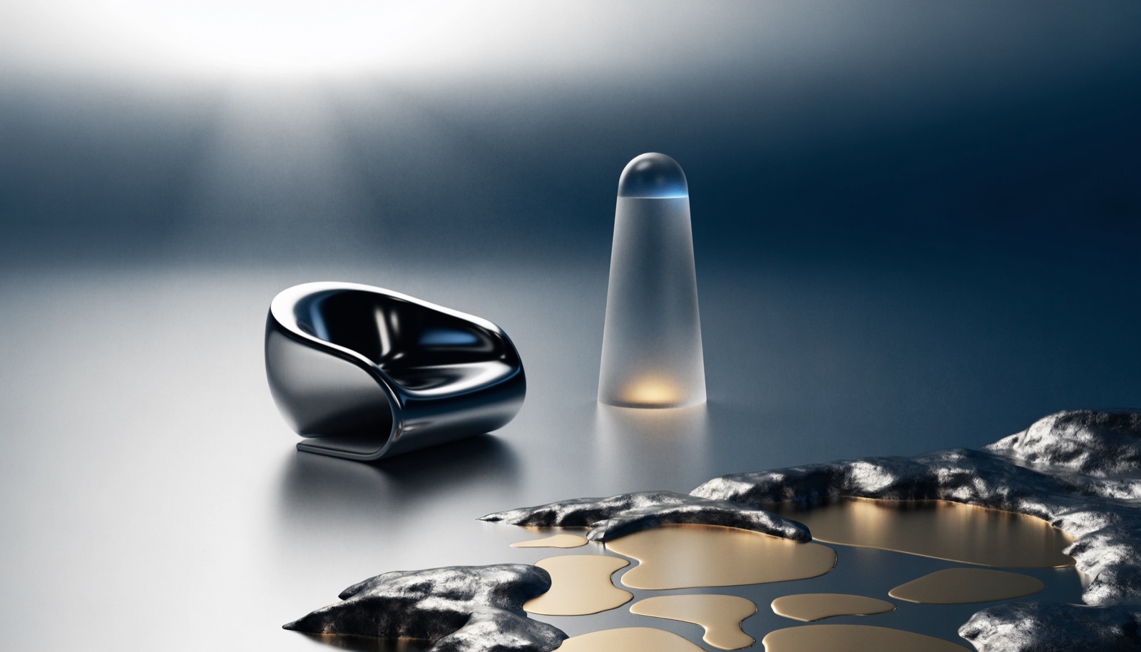 Editorial illustration: an empty chrome chair beside a dimming frosted glass lamp, with pools of liquid gold still glowing among steel rocks in the foreground