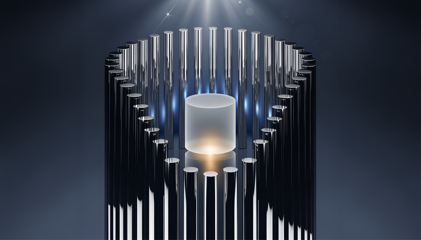 Editorial illustration: a wide ring of tall polished chrome columns standing around a single empty frosted-glass pedestal lit from within by warm gold light, holding nothing