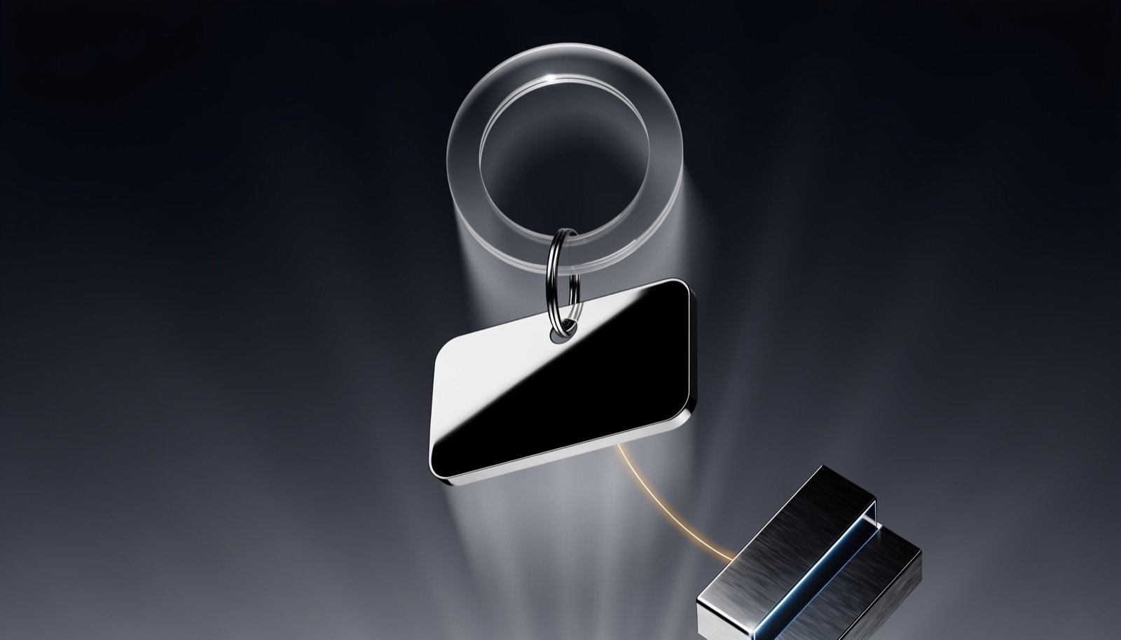 Editorial illustration: a polished chrome tag hanging from a frosted glass ring, a thin golden thread running from it into a small chrome box with a blue-lit seam