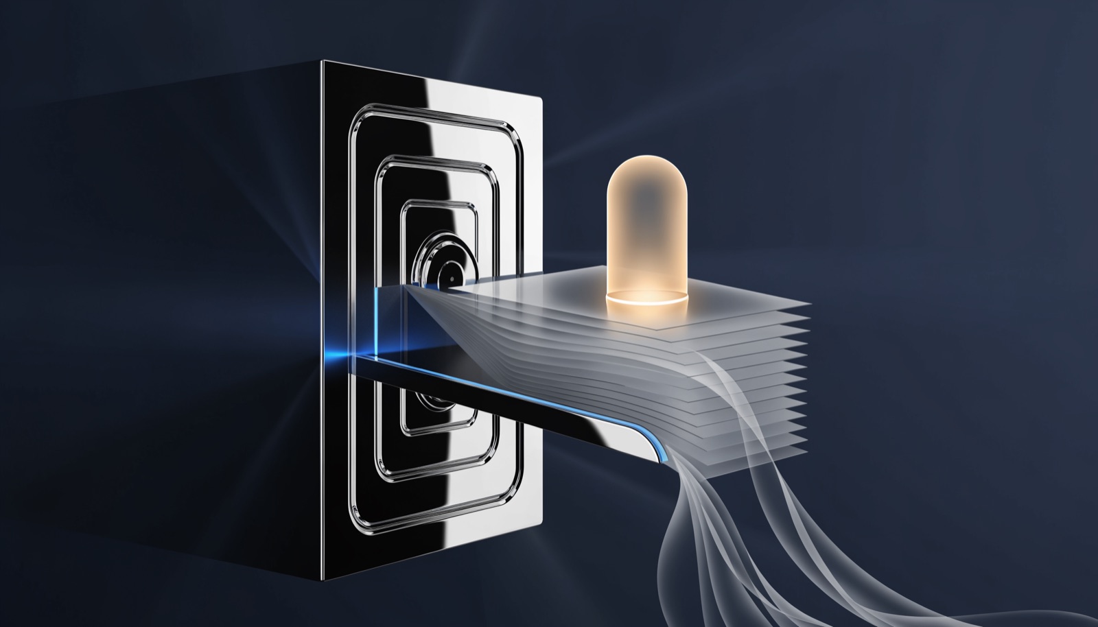Editorial illustration: a sealed chrome vault door stays shut while a glowing gold approval stamp presses on glass slips streaming out through a side hatch