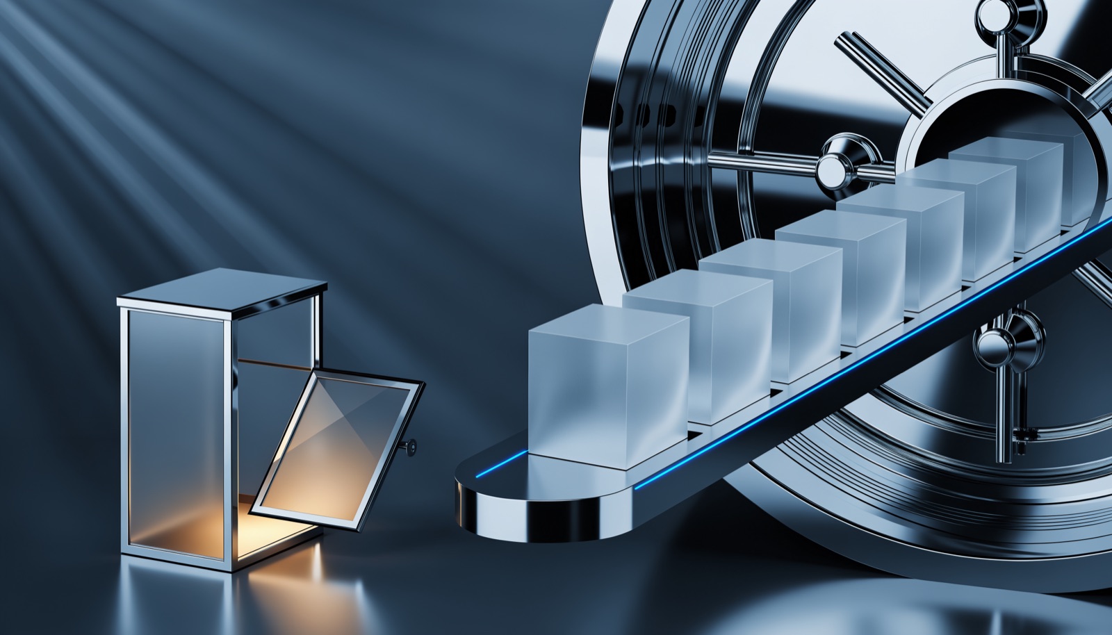 Editorial illustration: a small chrome and frosted-glass guard booth stands with its side panel hanging open and gold light spilling out, while a row of frosted glass cubes rides a blue-lit rail out of a steel vault door