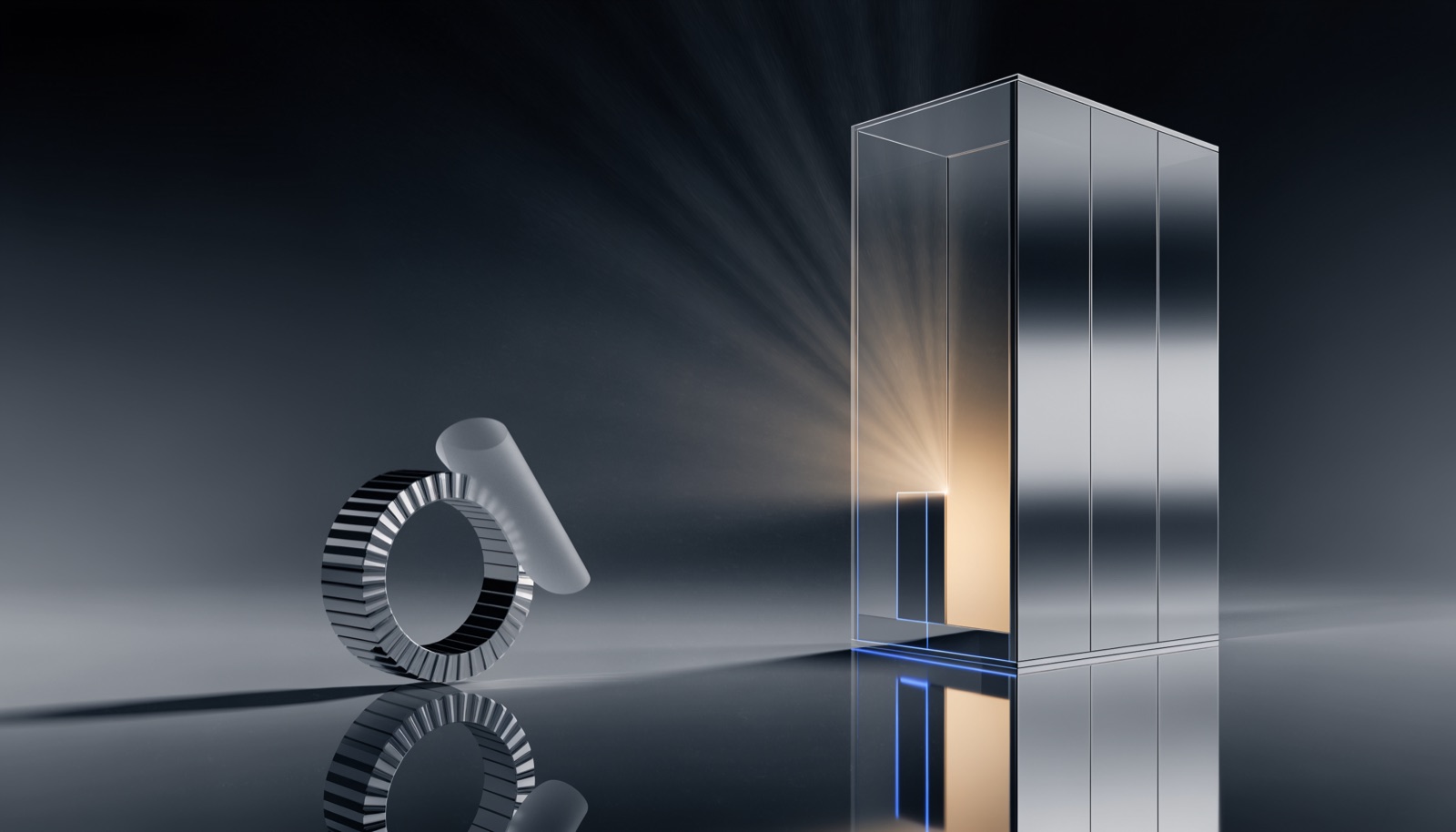 Editorial illustration: a tall mirrored glass cabinet stands in an empty hall with a small panel near its base outlined in electric blue and warm gold light leaking from inside; a chrome calendar ring lies on the floor beside it