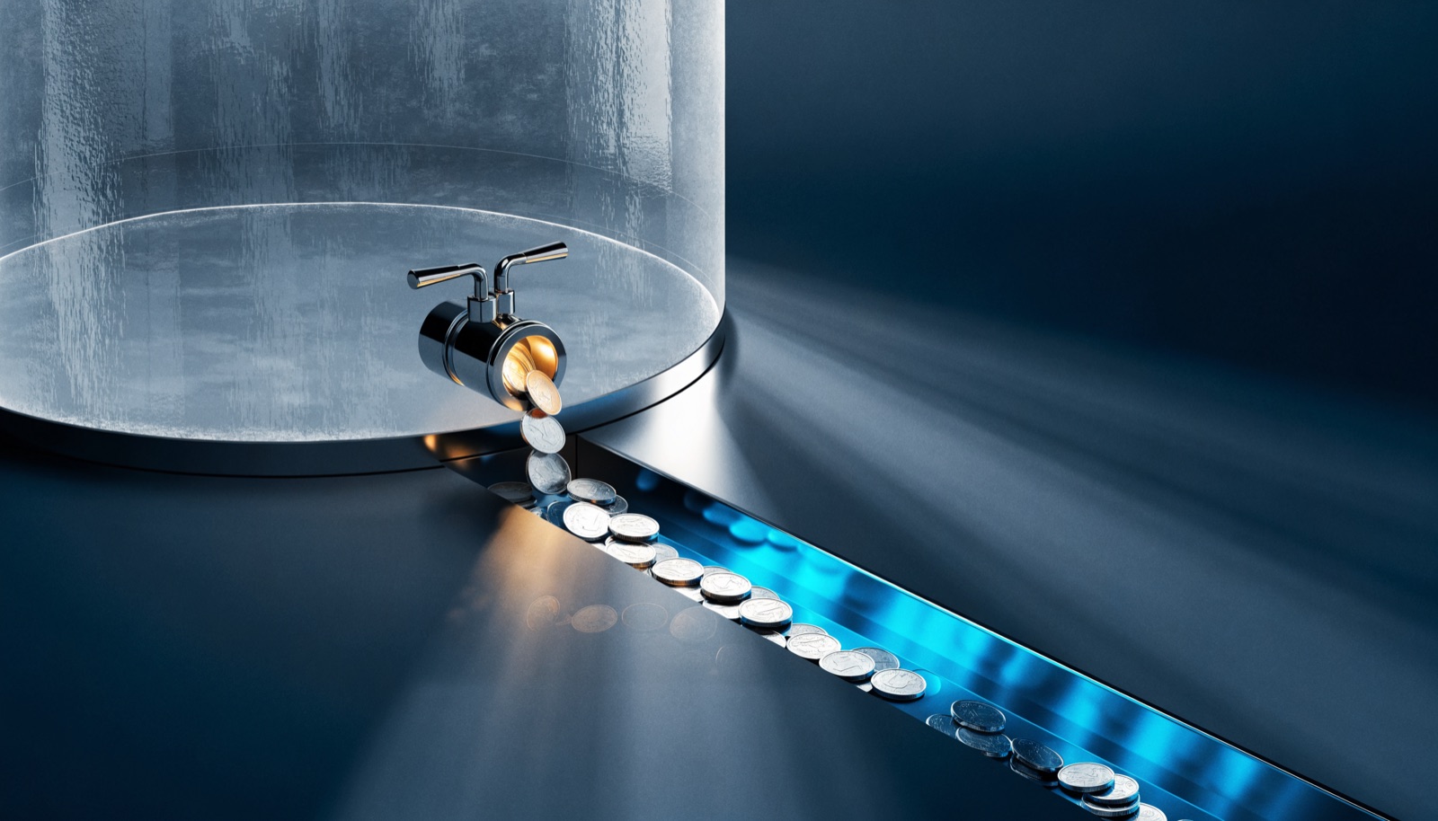 Editorial illustration: a vast frosted-glass reservoir standing almost empty, a faint high-water line etched far up its walls, and at its base a chrome drain valve lit warm gold through which a thin stream of silver coins slides into a narrow channel lit electric blue