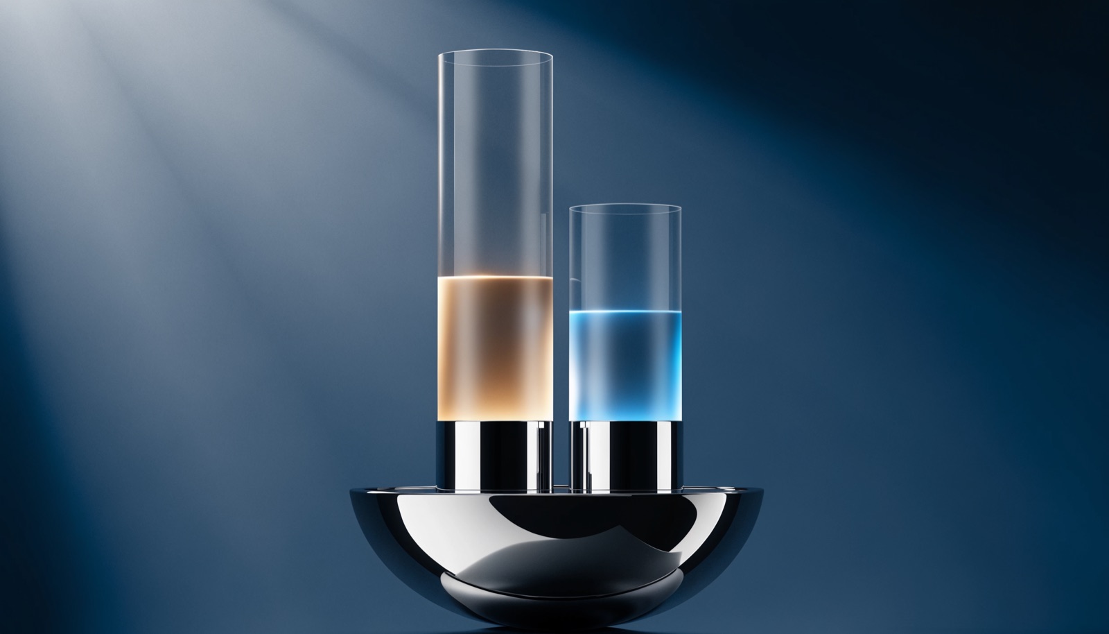 Editorial illustration: two identical frosted-glass measuring columns rising from one chrome basin, filled to visibly different heights, one lit gold and one lit blue