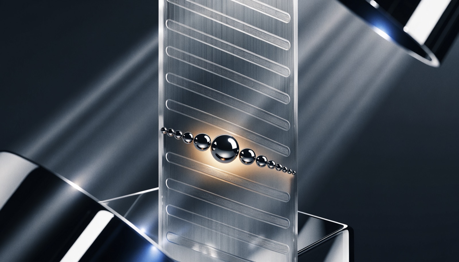 Editorial illustration: an upright frosted-glass sheet of blank answer slots, one row of chrome nodes of different sizes lit by warm golden light