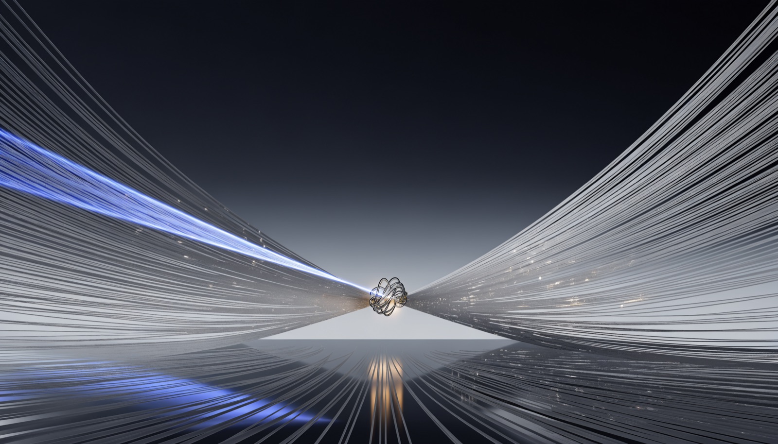 Editorial illustration: thousands of thin frosted-glass threads stream across a dark chrome table from four directions and converge into one small knot glowing warm gold, while a narrow electric-blue beam sweeps across them