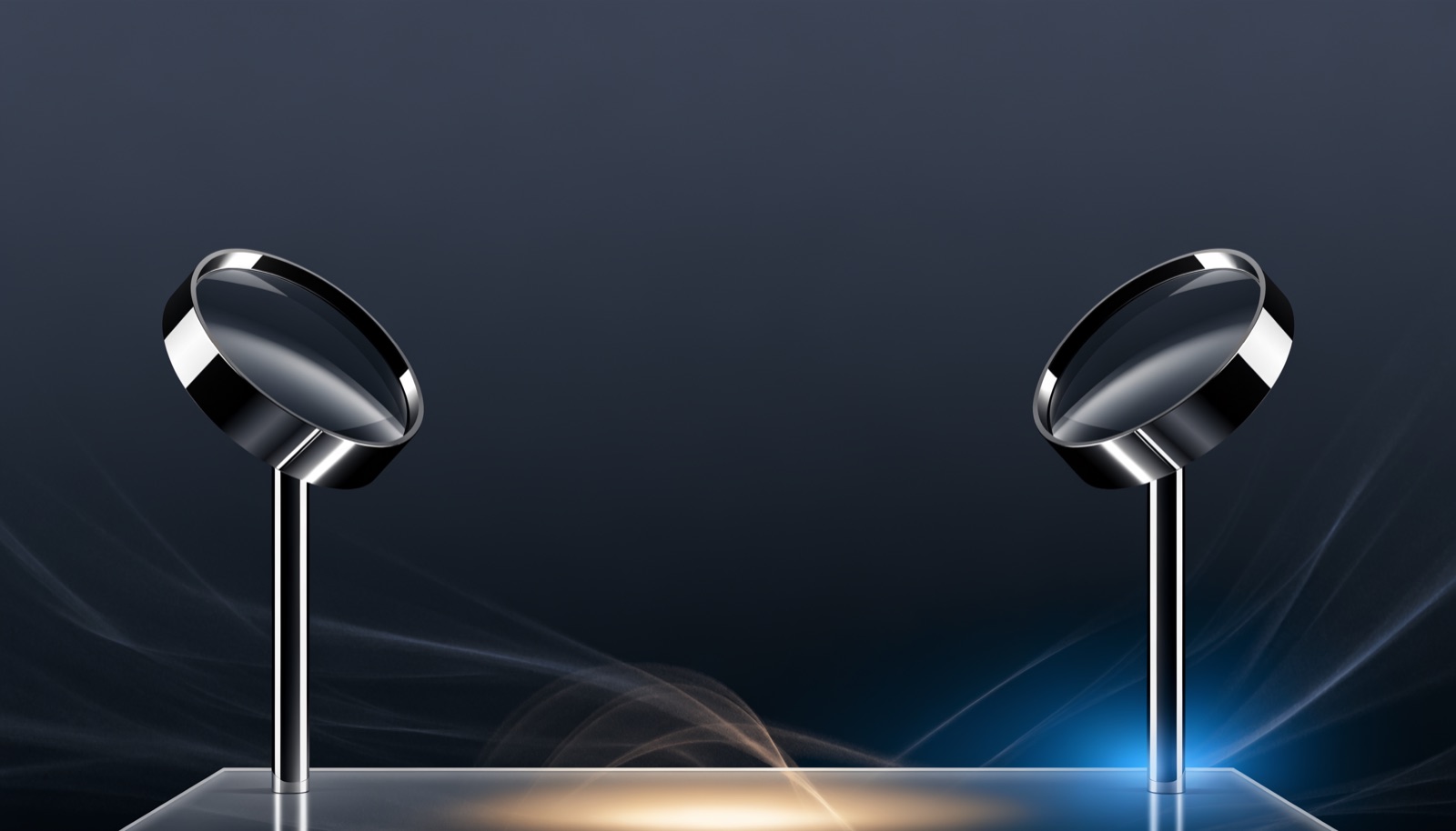 Editorial illustration: two identical chrome magnifying lenses on stands turned to face each other rather than the blank frosted-glass tablet between them, warm gold light pooling on the empty tablet
