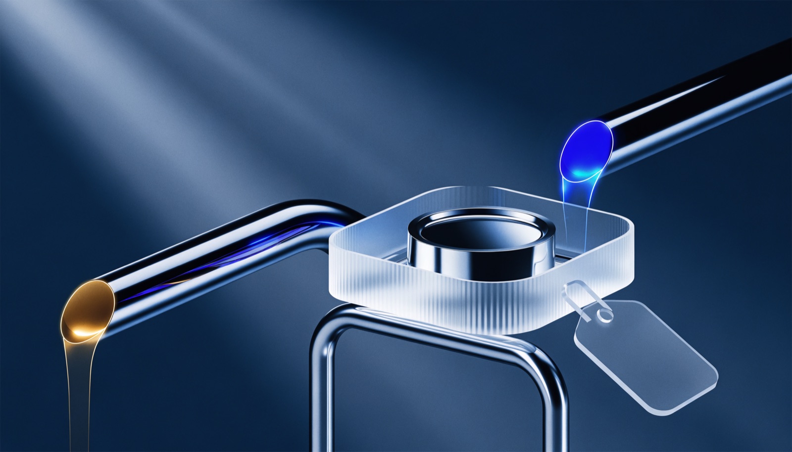 Editorial illustration: a chrome coin in a frosted glass tray with a blank tag, and two chrome pipes leading away from it, one dripping gold and one glowing blue