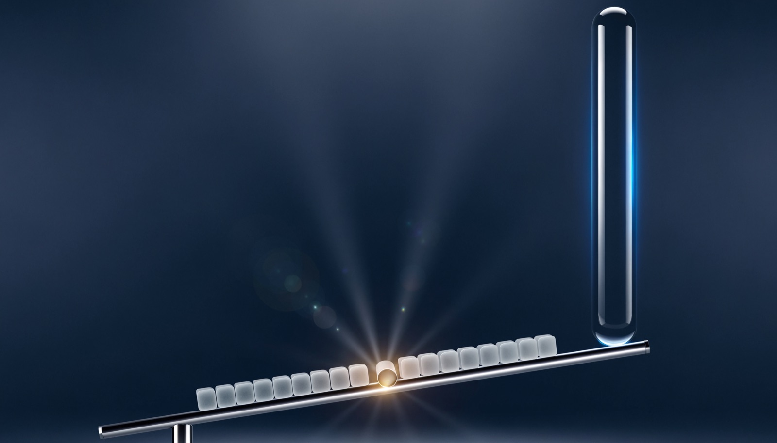 Editorial illustration: a chrome balance beam carries a neat row of small frosted-glass weights with a warm gold glow at its pivot, while a single glass column at one end stretches out of the top of the frame and tips the beam