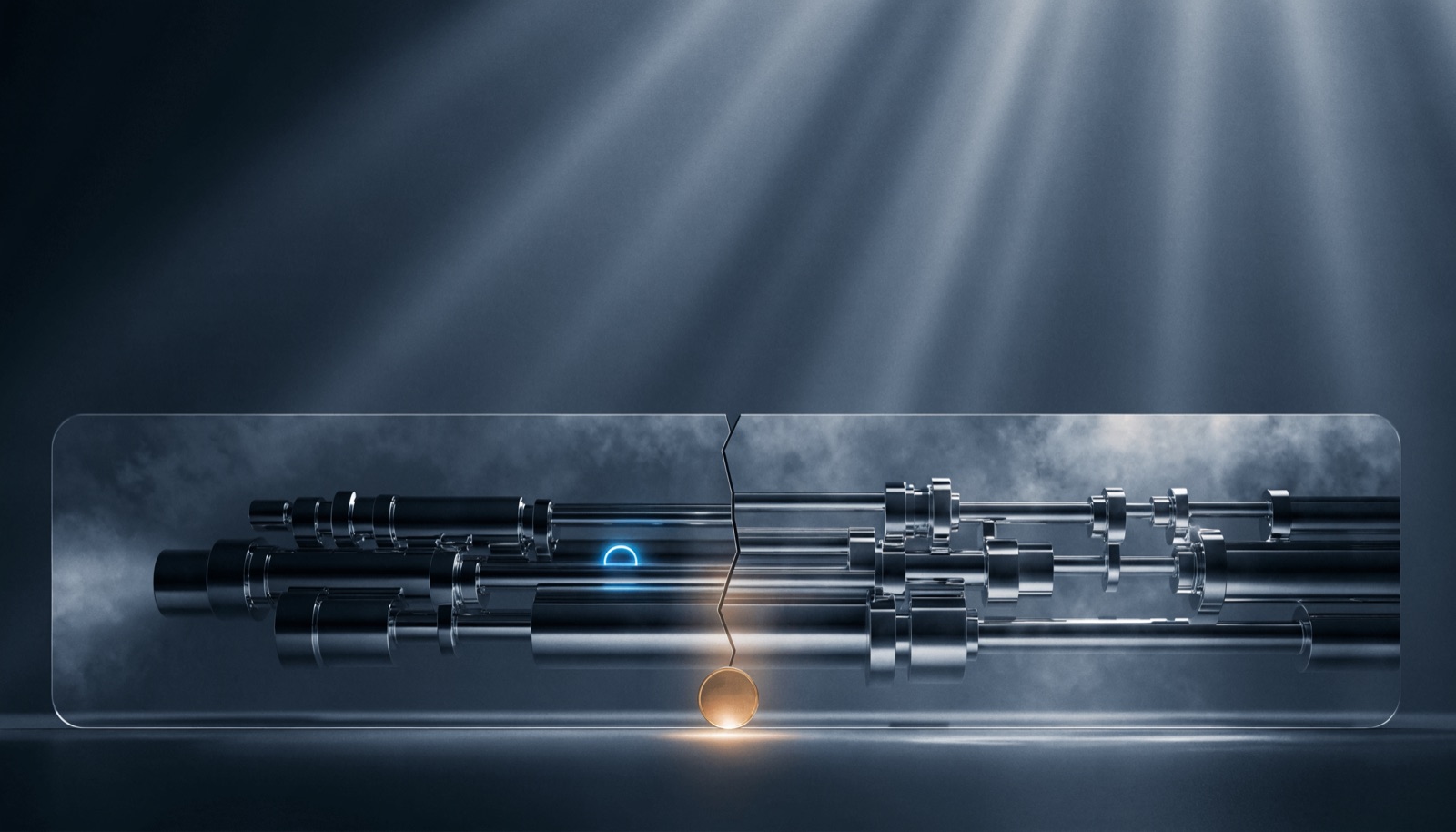 Editorial illustration: a single hairline fracture running through a thick pane of frosted glass shielding a bank of chrome machinery, with one small gold coin resting on the ledge in front of the crack