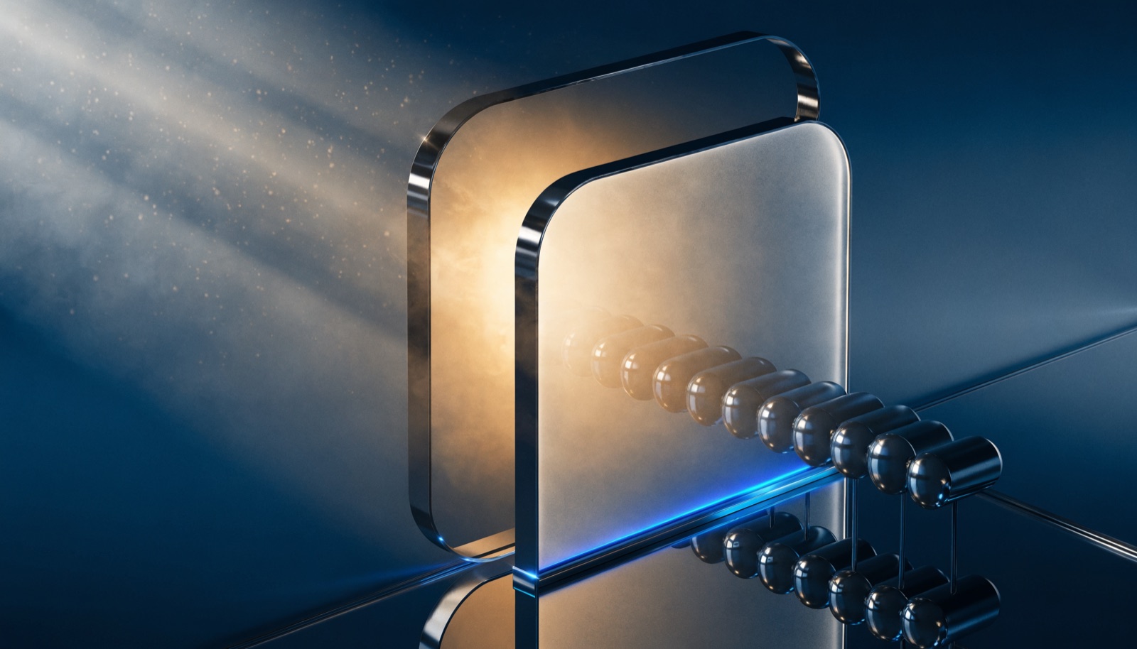 Editorial illustration: a tall frosted-glass gate in a chrome chamber held partly open by a row of counterweights, several weights missing from the row, warm gold light waiting behind the gate