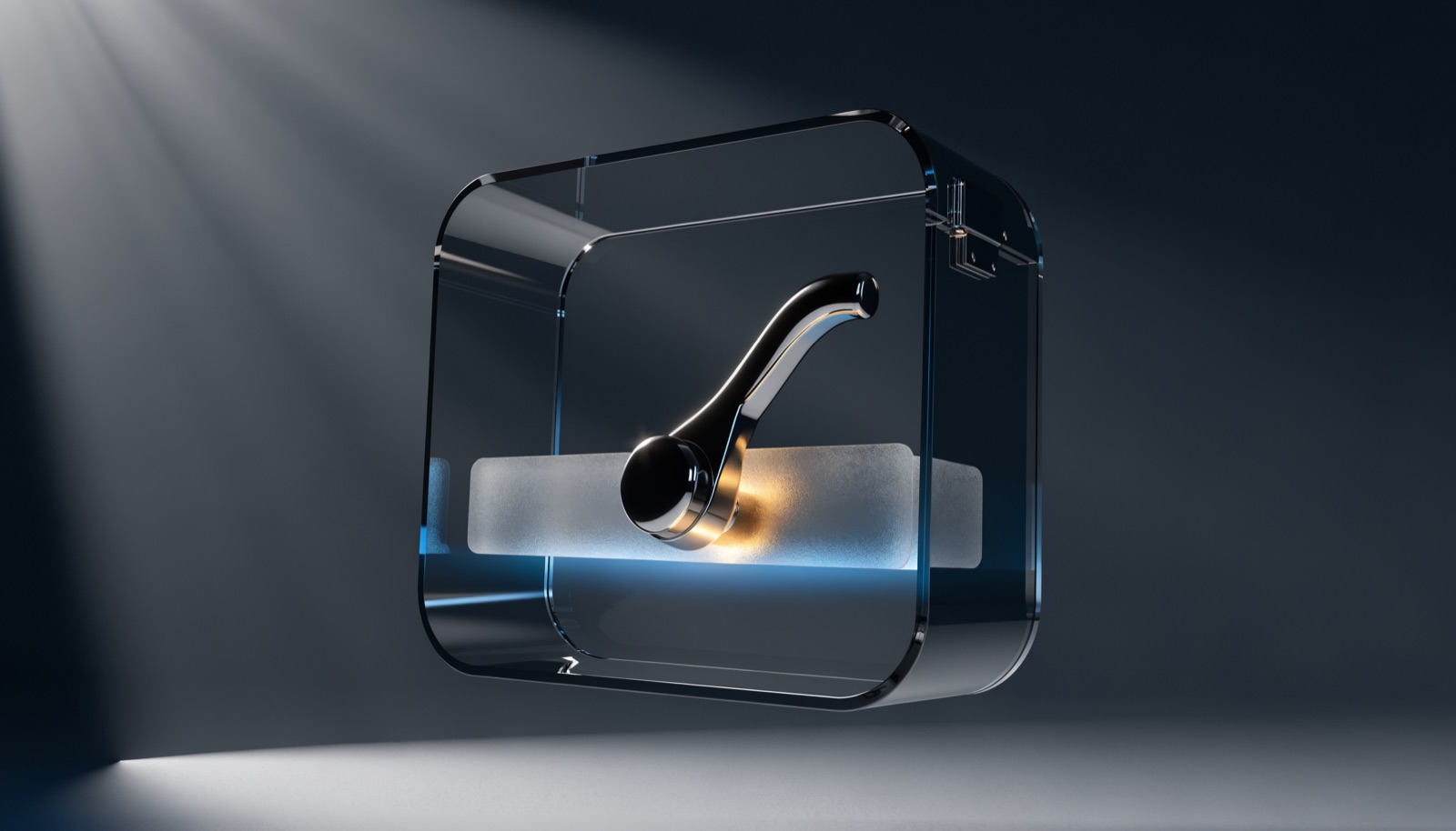 Editorial illustration: a single polished chrome lever inside a transparent glass emergency case with a small hinged latch, warm gold light at the lever's base and a cool blue glow beneath