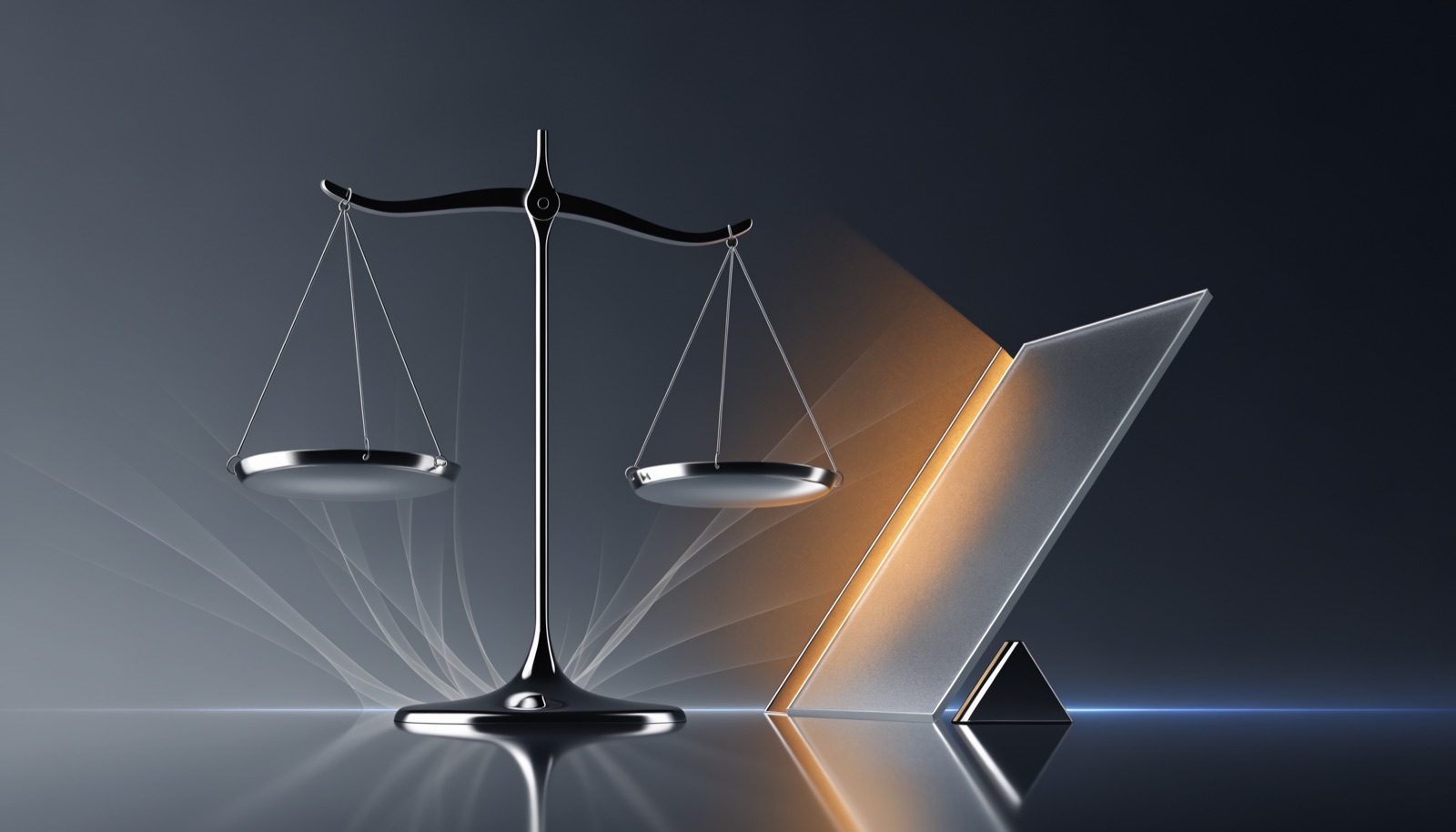 Editorial illustration: a polished chrome balance scale tipped by the thinnest margin beside a frosted glass door propped open by a small chrome wedge, warm gold light spilling through the gap
