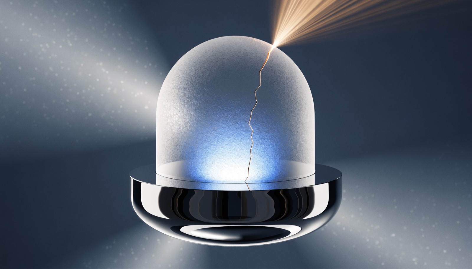 Editorial illustration: a sealed frosted-glass dome on a polished chrome base, lit electric blue from within, a single hairline crack running down it with warm golden light escaping through into the dark