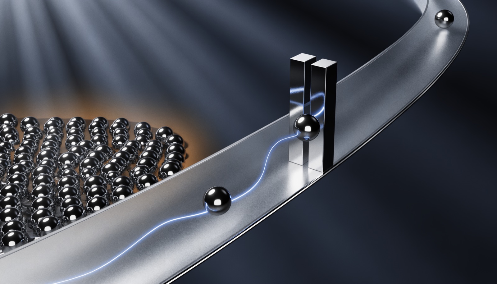 Editorial illustration: a single chrome sphere turned back at a narrow gate and returning along a blue-lit channel, while a vast reservoir of identical spheres sits untouched behind it