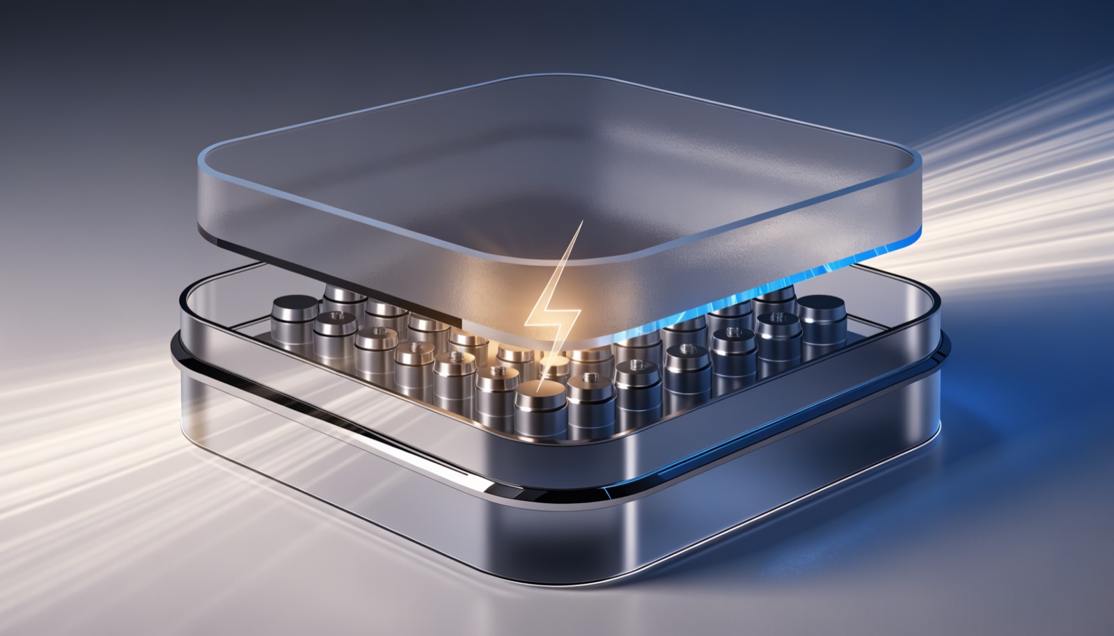 Editorial illustration: a frosted glass case with its lid lifted off a chrome tray of small machine parts, a thin glass lightning bolt glowing gold at the center and a blue glow along the opened seam