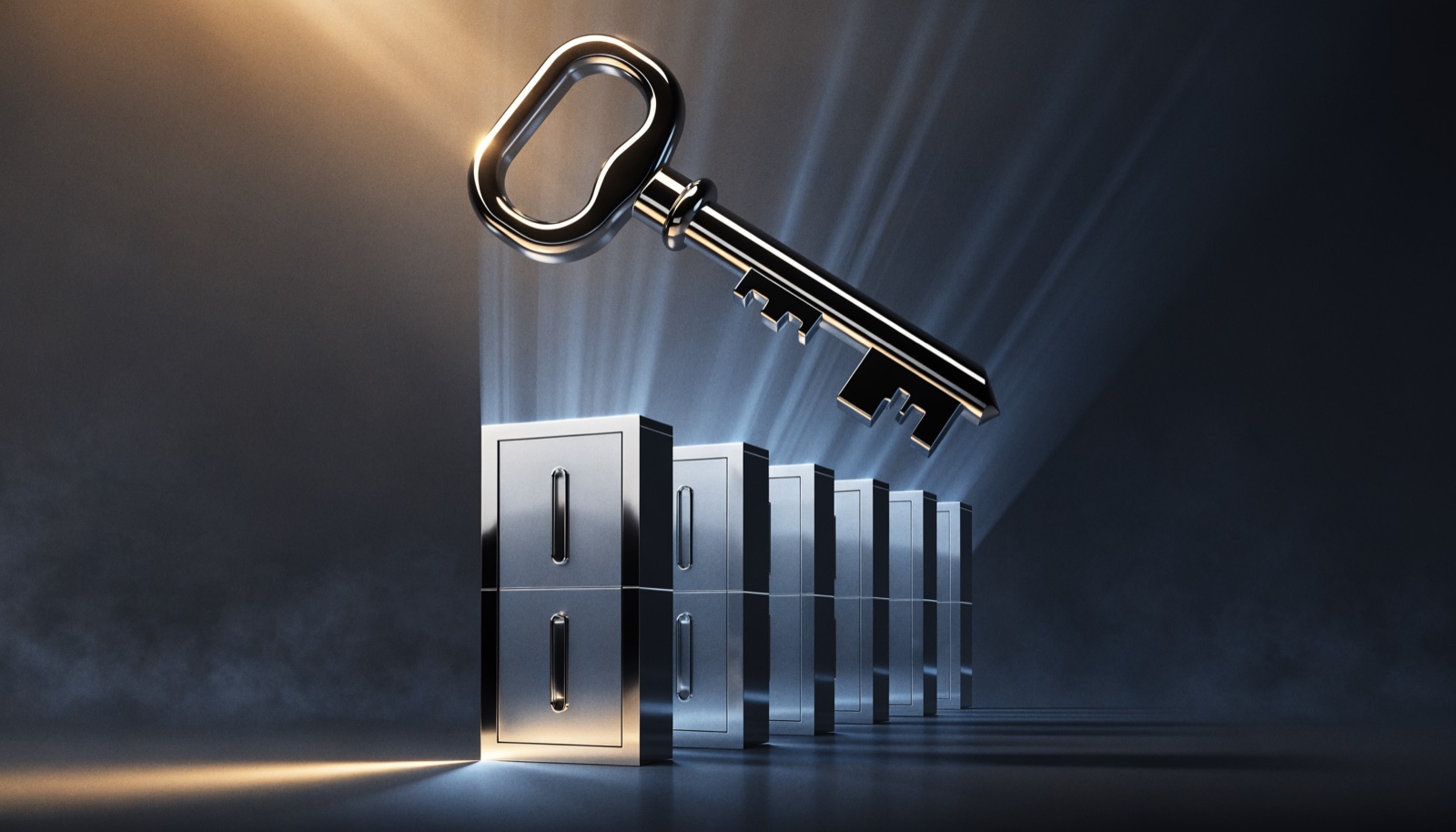 Editorial illustration: a polished chrome key suspended in golden light above a receding row of identical closed vault doors, its cut teeth fully exposed