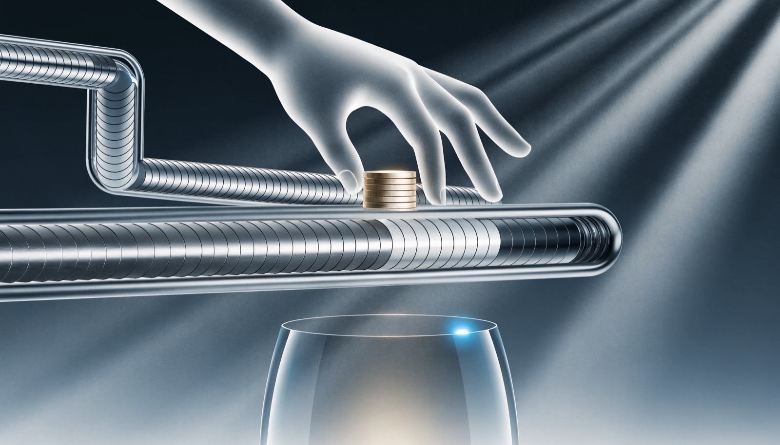 Editorial illustration: a frosted glass hand lifting one stack of gold coins off a chrome tube of coins, above an open glass vessel lit from within