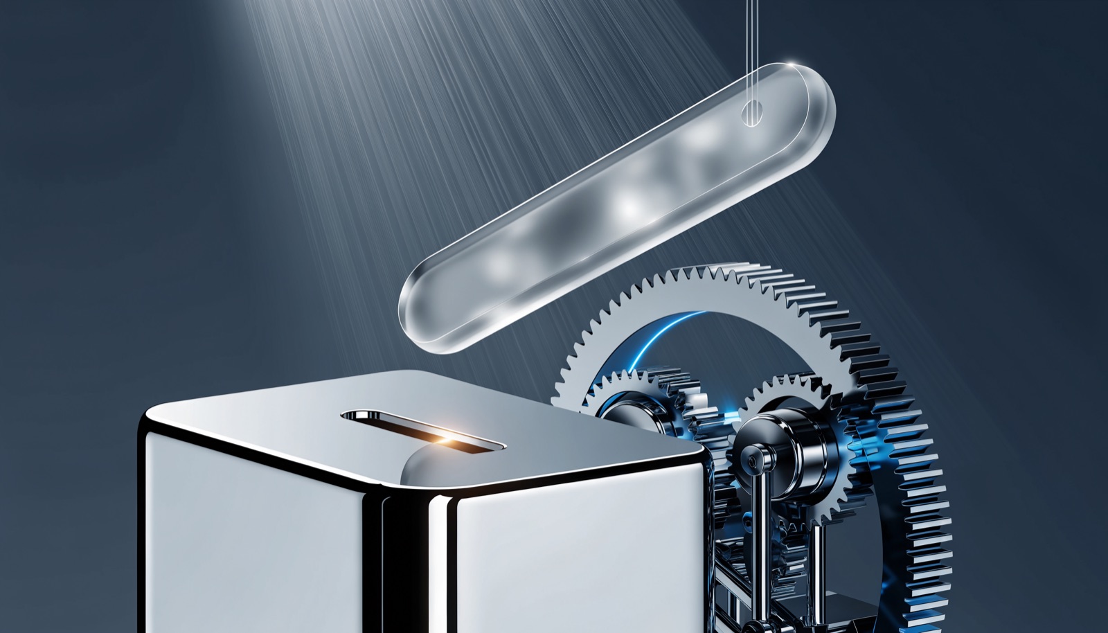 Editorial illustration: a frosted glass key lifted off a chrome plinth, leaving a glowing empty slot, while the gear assembly behind it locks solid mid-turn