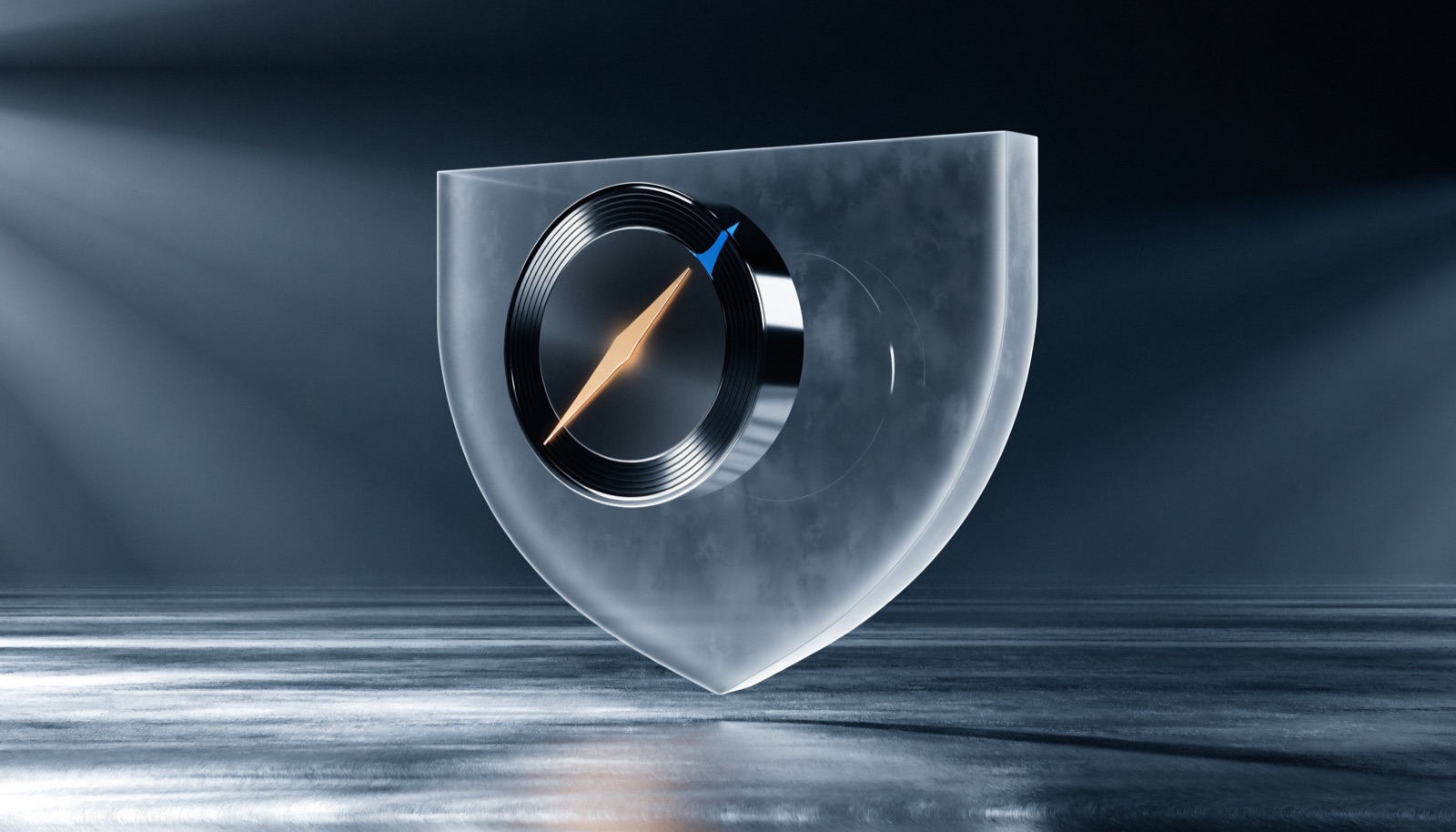Editorial illustration: a chrome dial set into a large frosted-glass shield, a single gold hand sweeping toward one electric blue notch on the rim