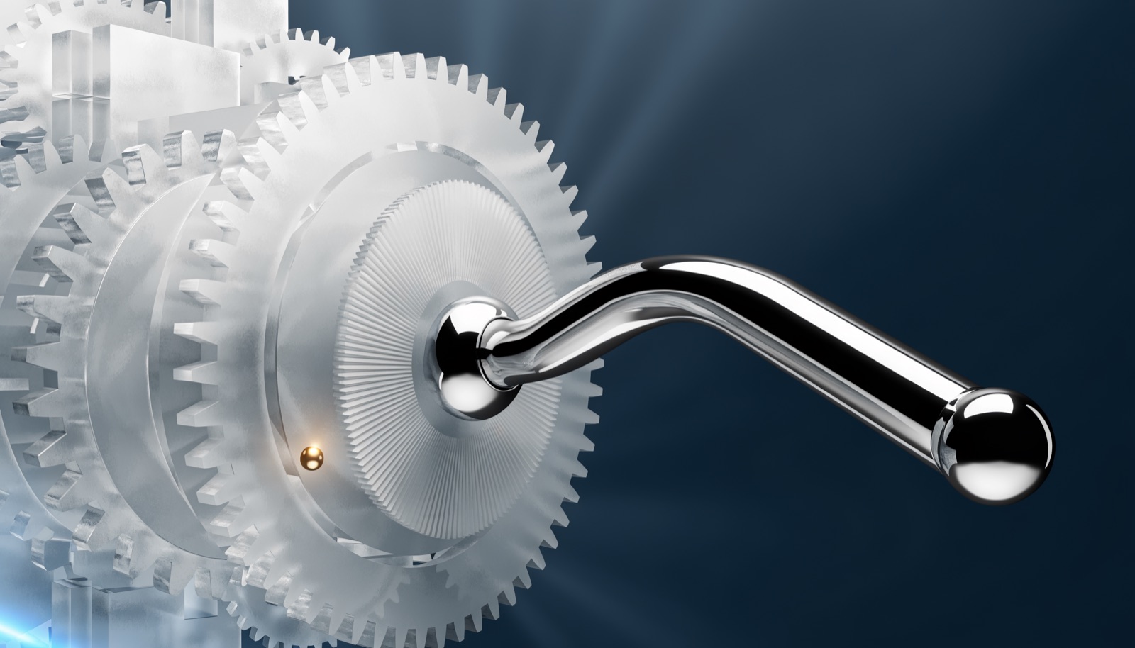 Editorial illustration: a polished chrome lever thrown into a bank of frosted-glass gears, stopping them dead, with a single gold bead caught in the teeth