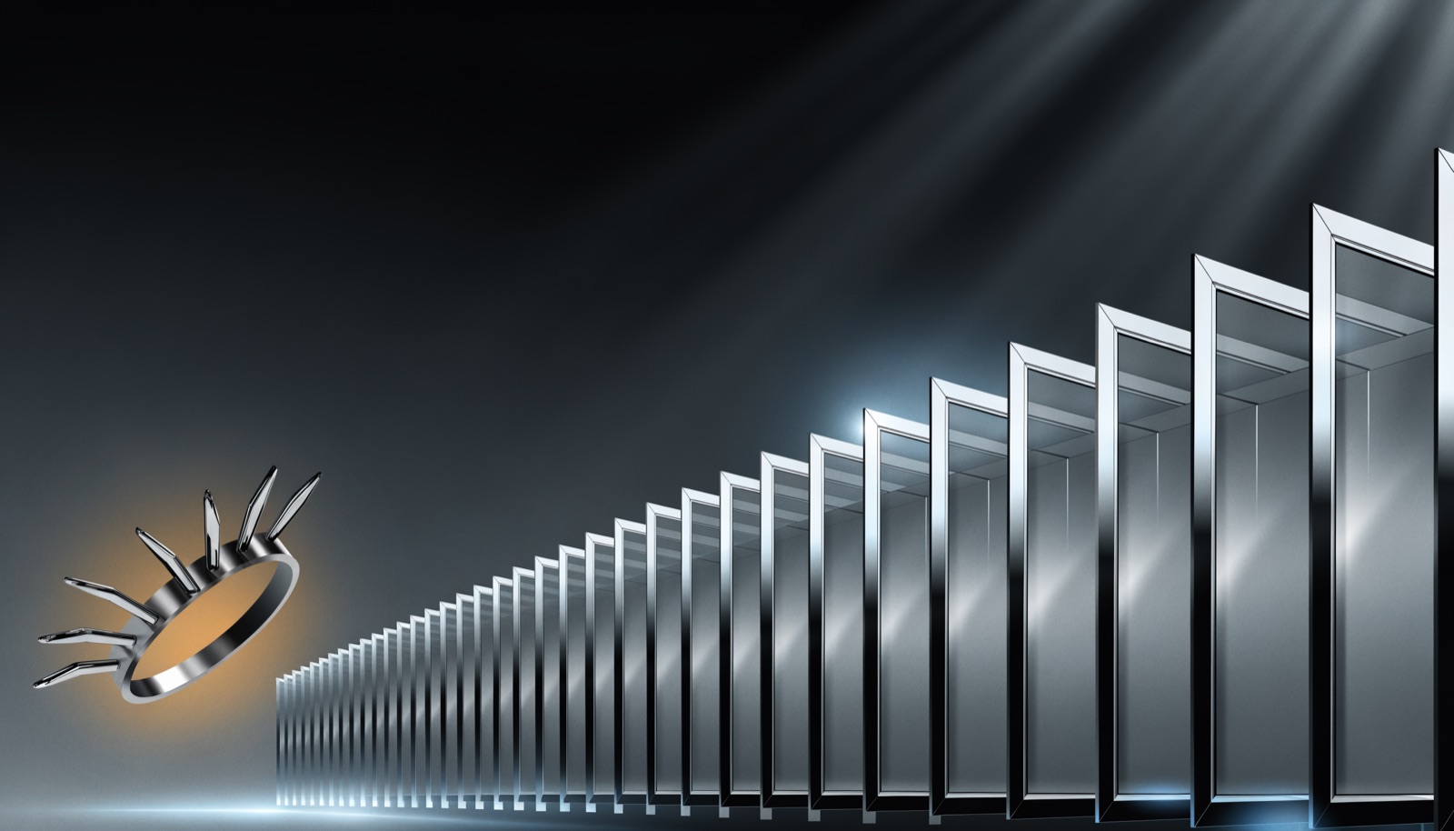 Editorial illustration: a long row of empty chrome-framed glass compartments receding into the distance, a chrome key ring lit gold in the foreground