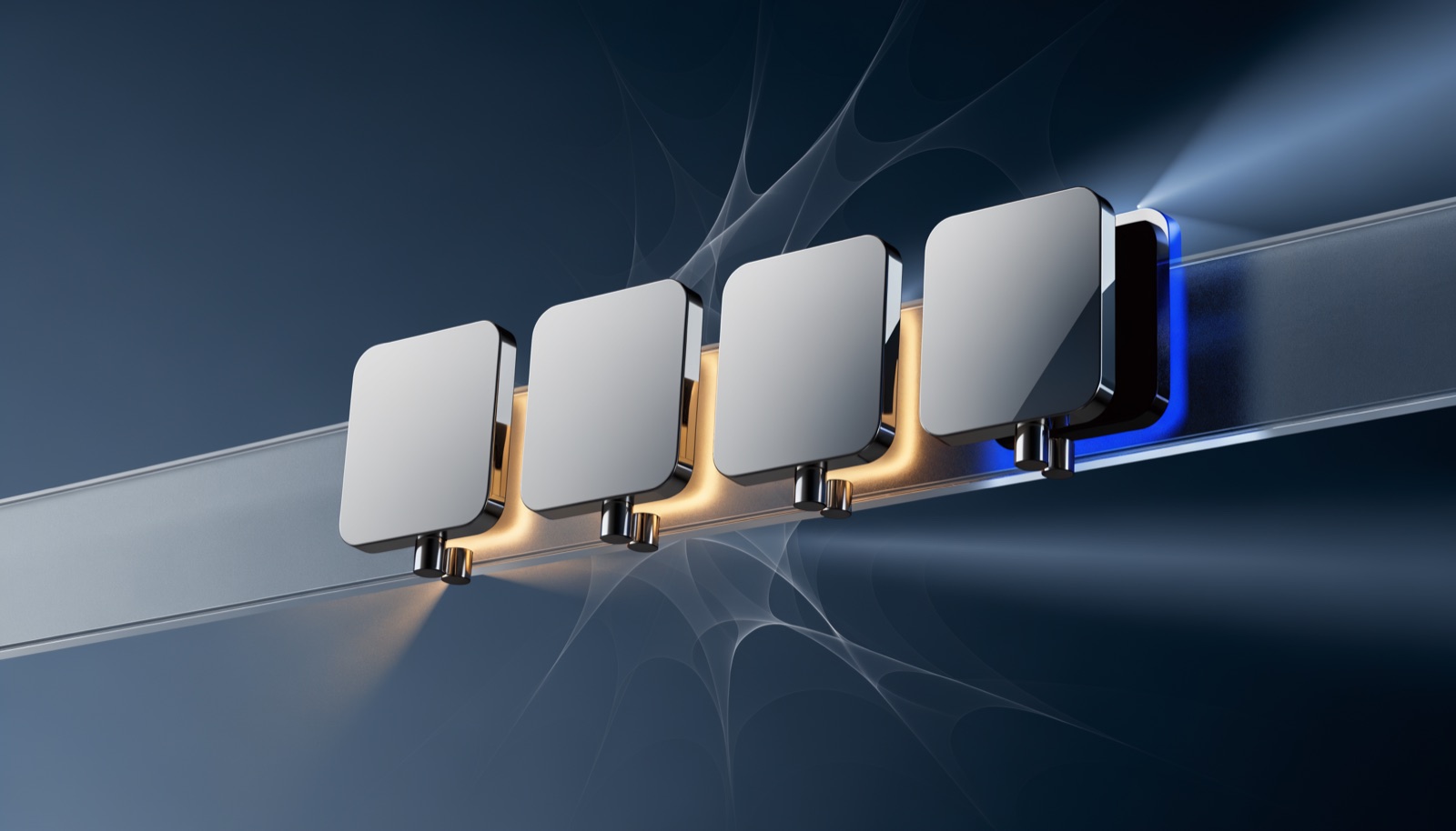 Editorial illustration: four identical chrome plaques on a frosted glass rail, the first three lit warm gold, the fourth turning to reveal a hollow dark cavity behind its polished face
