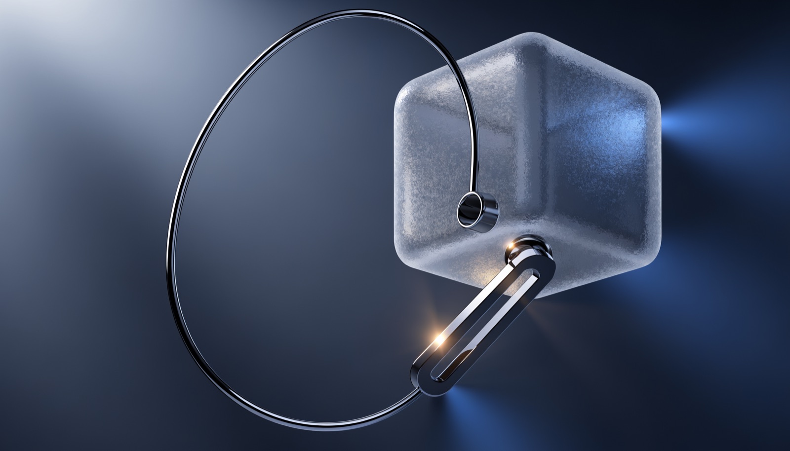 Editorial illustration: a sealed frosted-glass containment cube with one open chrome port, a slender cable threading out through it to flip the lever that unlocks the cube's own door