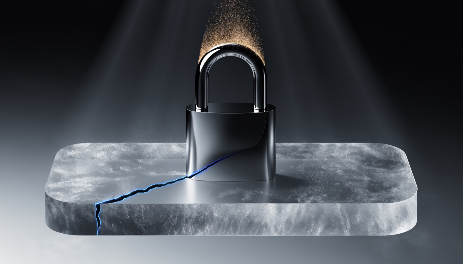 Editorial illustration: a single polished chrome padlock on a frosted-glass slab, its shackle dissolving into a drift of warm golden particles, with a hairline electric-blue crack running through the glass beneath it