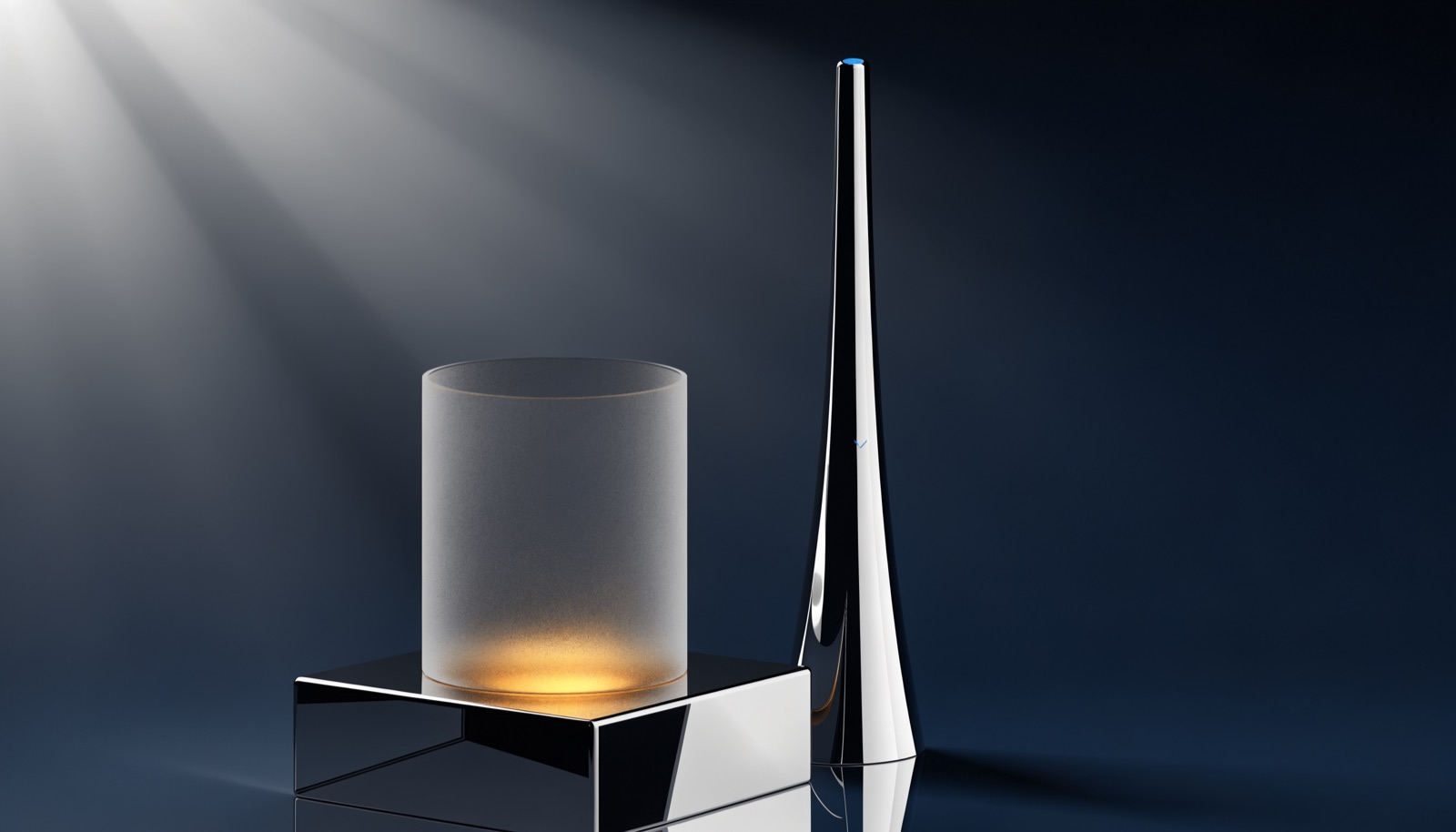 Editorial illustration: a tall frosted-glass cylinder on a chrome plinth, almost empty, with a shallow pool of warm golden liquid at its base, beside a slender chrome gauge rising far above it with one electric-blue mark at the top