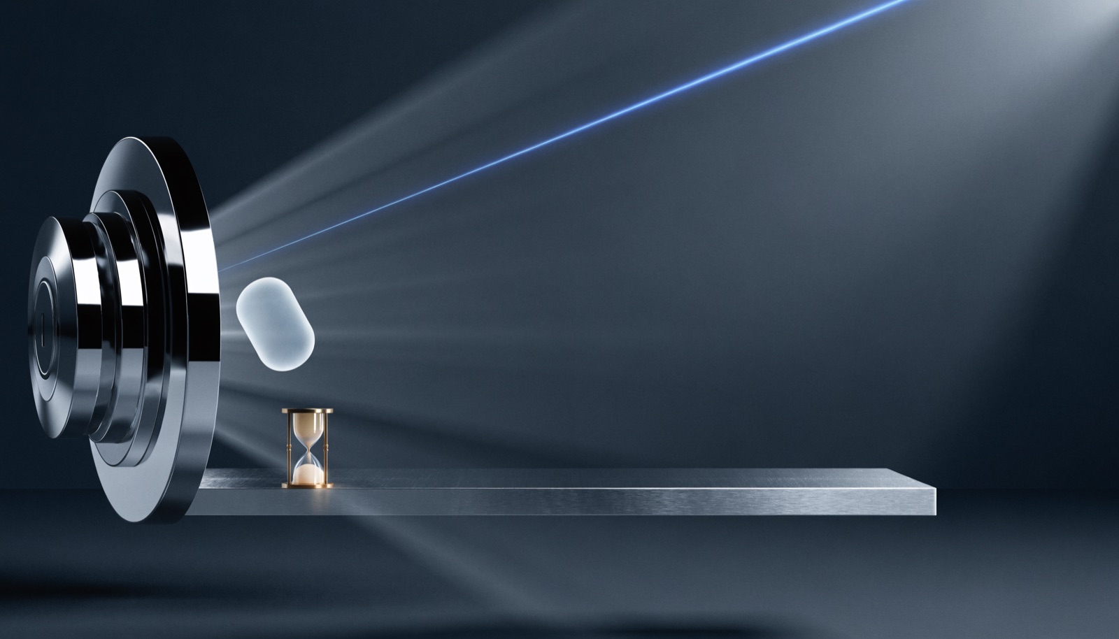 Editorial illustration: an open chrome vault door releasing a single glowing frosted-glass token, with a small golden hourglass on a steel ledge beside it
