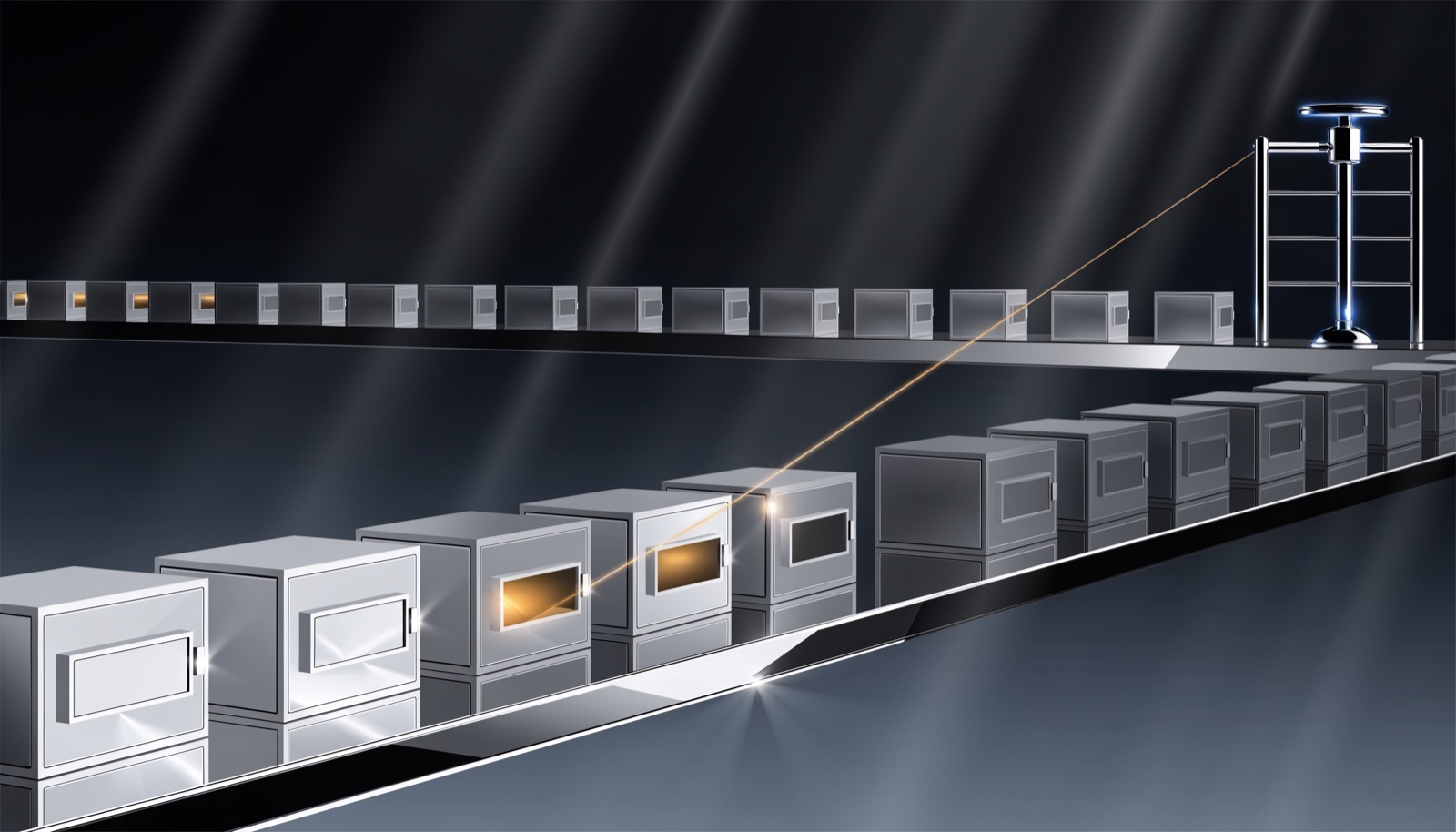 Editorial illustration: rows of sealed steel boxes on a chrome shelf, a few with glowing gold windows from which a thin golden thread runs back to a chrome turnstile in the distance