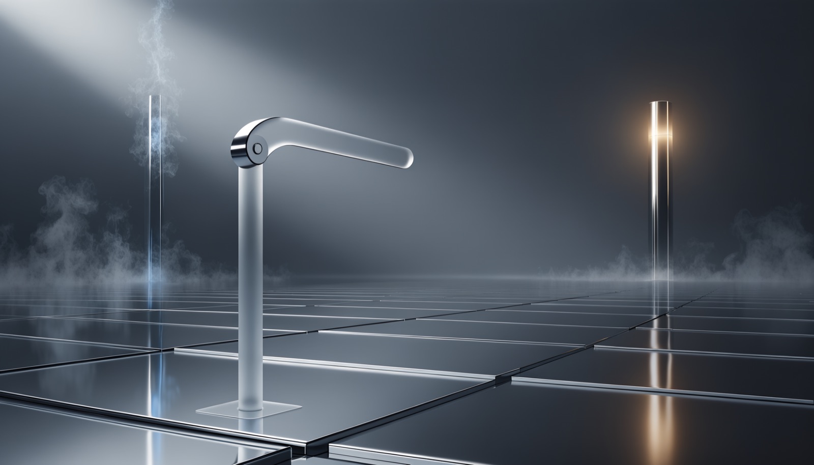 Editorial illustration: a lone frosted-glass signpost in an empty chrome plaza, its single arm pivoting to aim at a distant glowing tower while another tower behind it dissolves into vapor