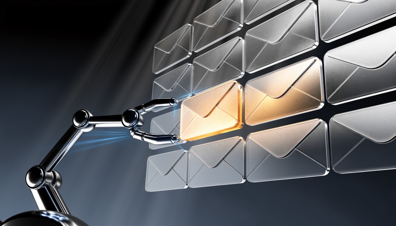 Editorial illustration: a chrome robotic arm draws one warmly lit envelope forward out of a grid of identical cold steel envelopes