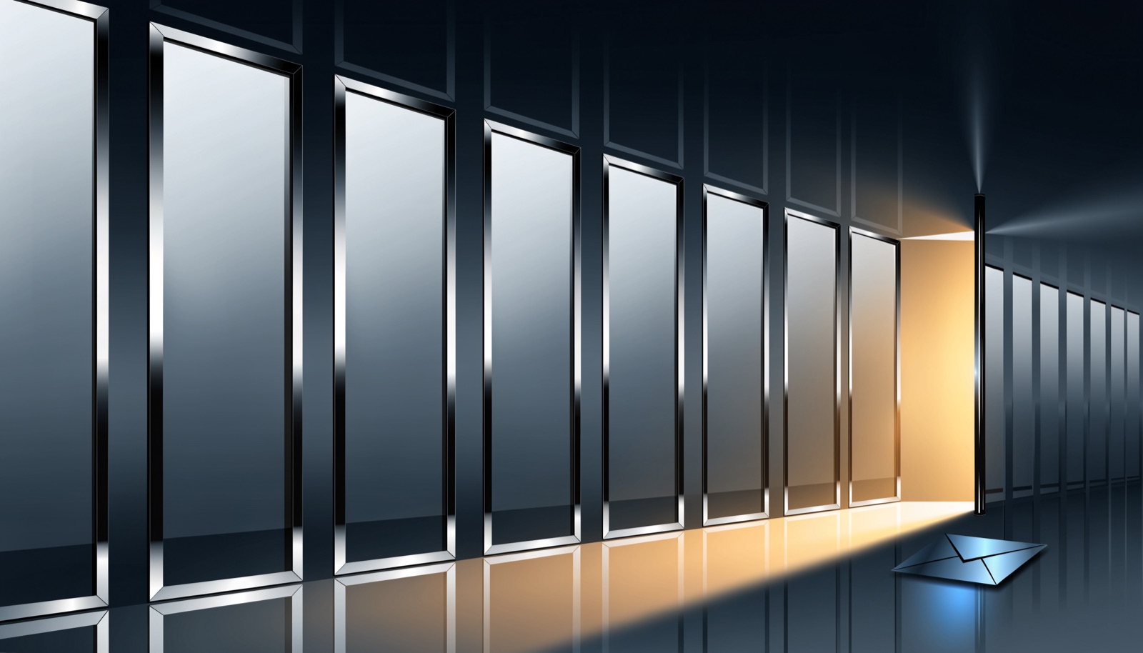 Editorial illustration: a long chrome corridor lined with identical frosted-glass doors, all shut and blank, one door at the far end open a crack with warm golden light spilling across the floor toward a single sealed chrome envelope lit electric blue
