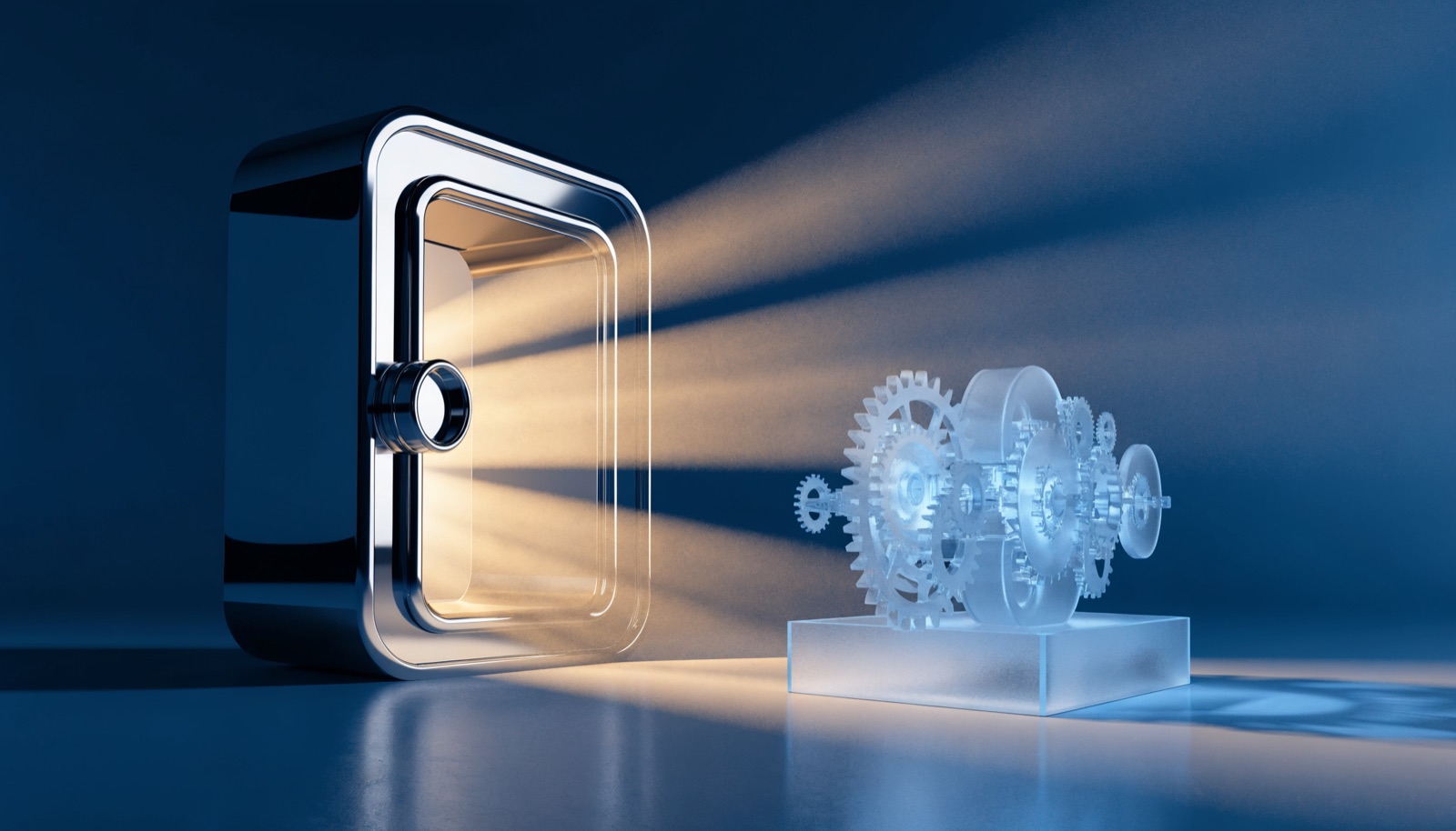 Editorial illustration: an open and empty chrome vault door lit from within by gold light, beside an intact frosted-glass gear machine still turning in cool blue light