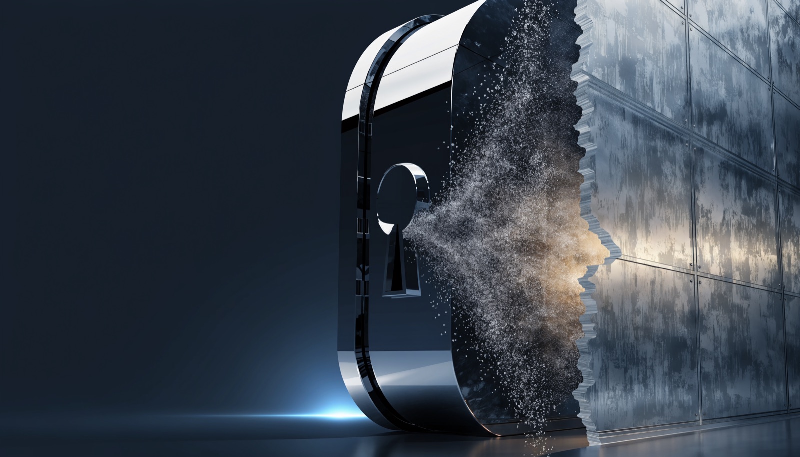 Editorial illustration: a colossal chrome vault door whose keyhole mechanism is dissolving into silver particles, while a heavier frosted-glass door stands half-built beside it