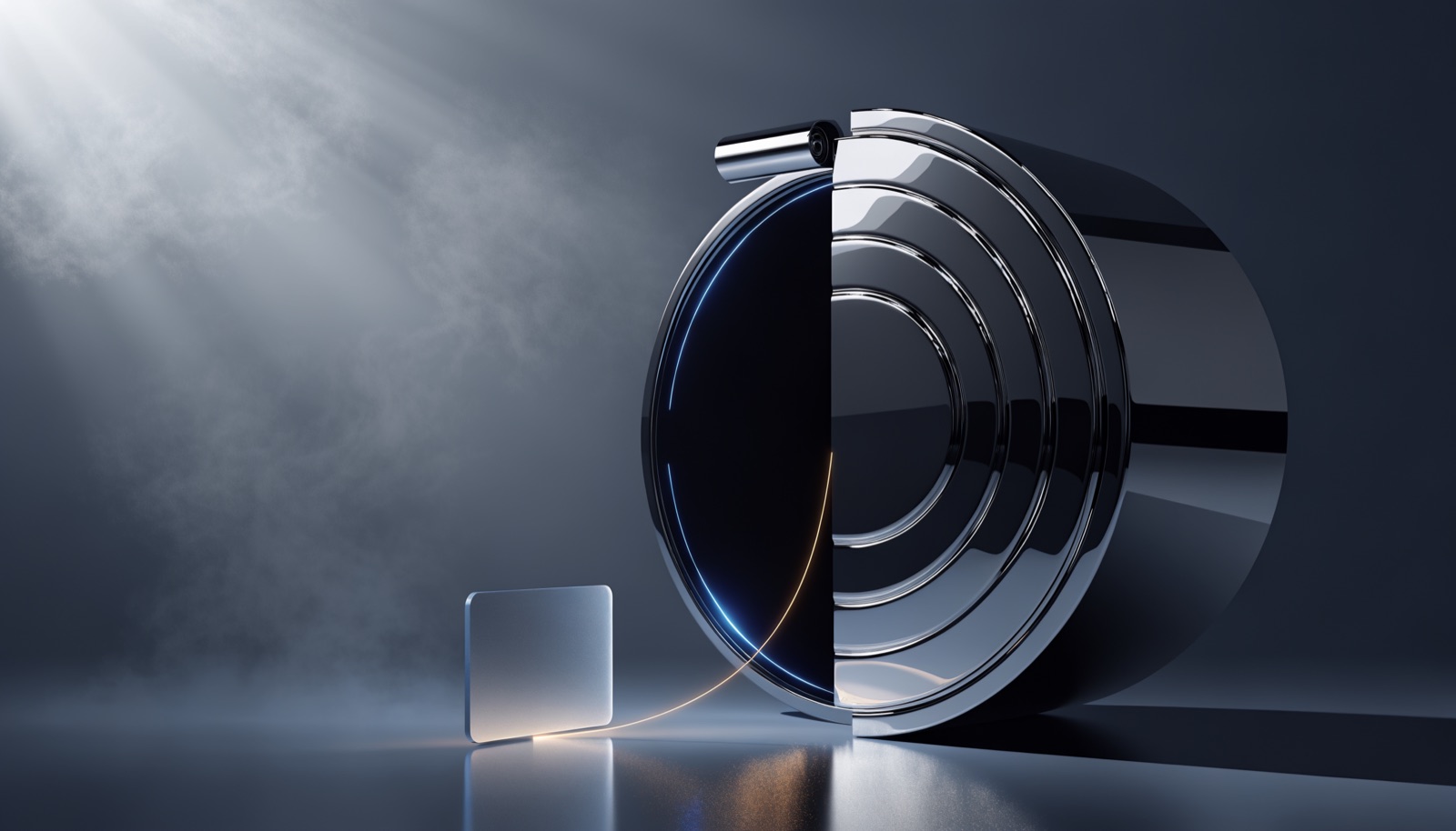Editorial illustration: a chrome vault door standing open from the inside, with a single frosted-glass folder resting on the floor just outside it and a thread of gold light running through the doorway