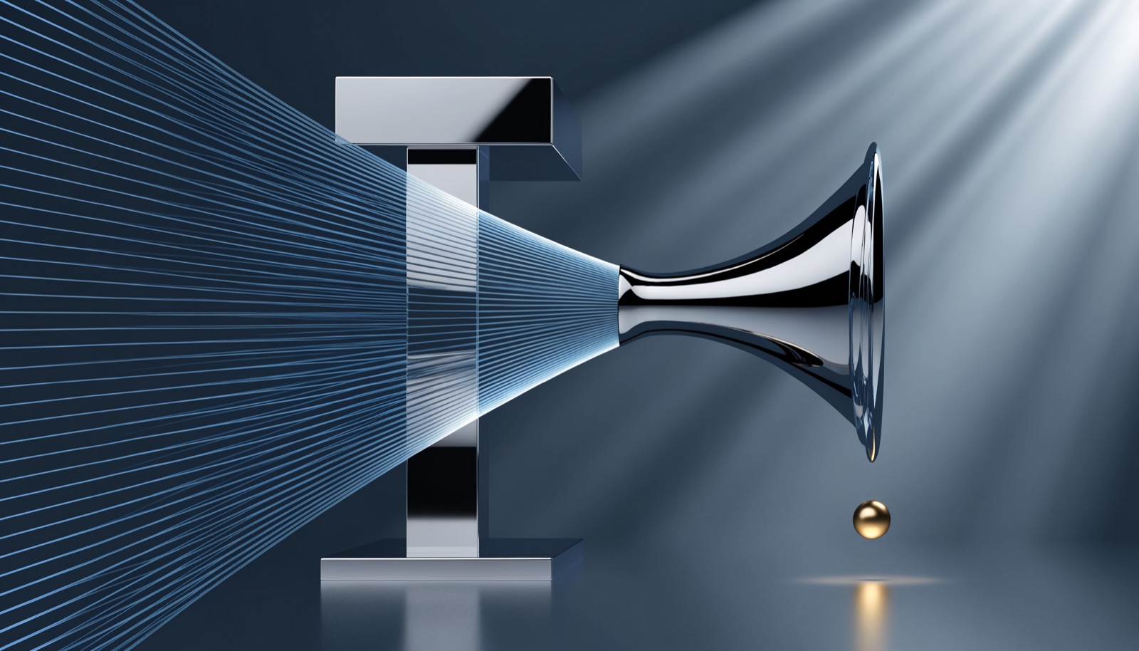 Editorial illustration: hundreds of thin blue threads converge into a single chrome funnel beside an empty, unlit lectern