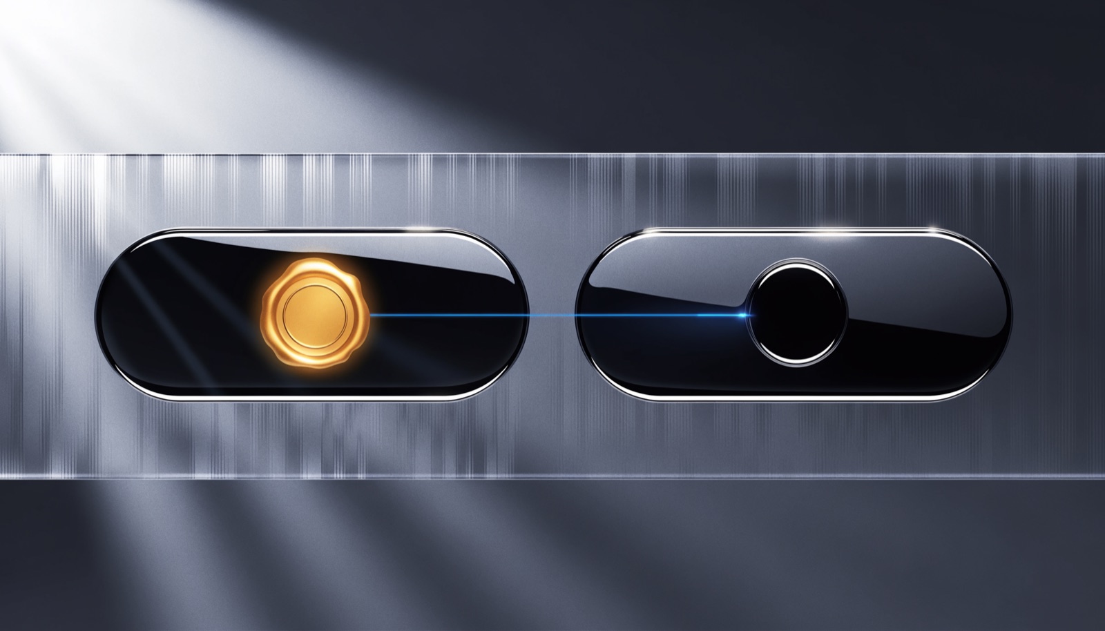 Editorial illustration: two identical chrome nameplates on a frosted glass wall, the left sealed with a glowing gold wax seal, the right with an empty dark socket, a thin blue thread running between them