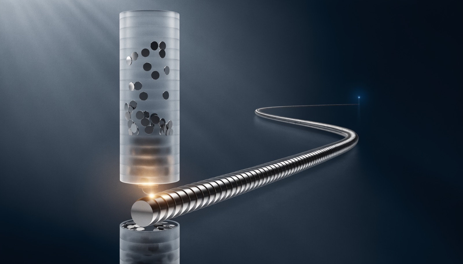 Editorial illustration: a tall frosted glass column nearly emptied of chrome discs, a long spiral stream of discs pouring from its base and curving away toward a faint blue signal light in the distance