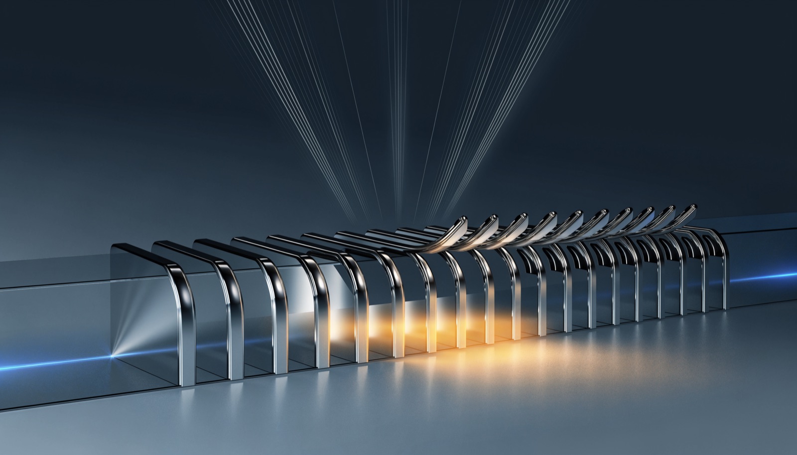 Editorial illustration: a row of polished chrome sluice gates in a frosted glass channel, all snapped open at once, warm gold light pooling where the flow passes through
