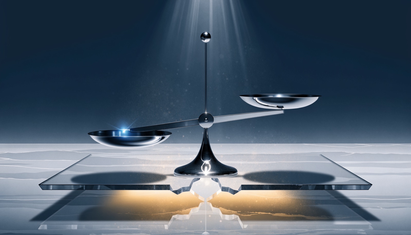 Editorial illustration: a chrome balance scale standing on a frosted glass floor that has cracked cleanly in two, with a warm golden glow rising from the fissure